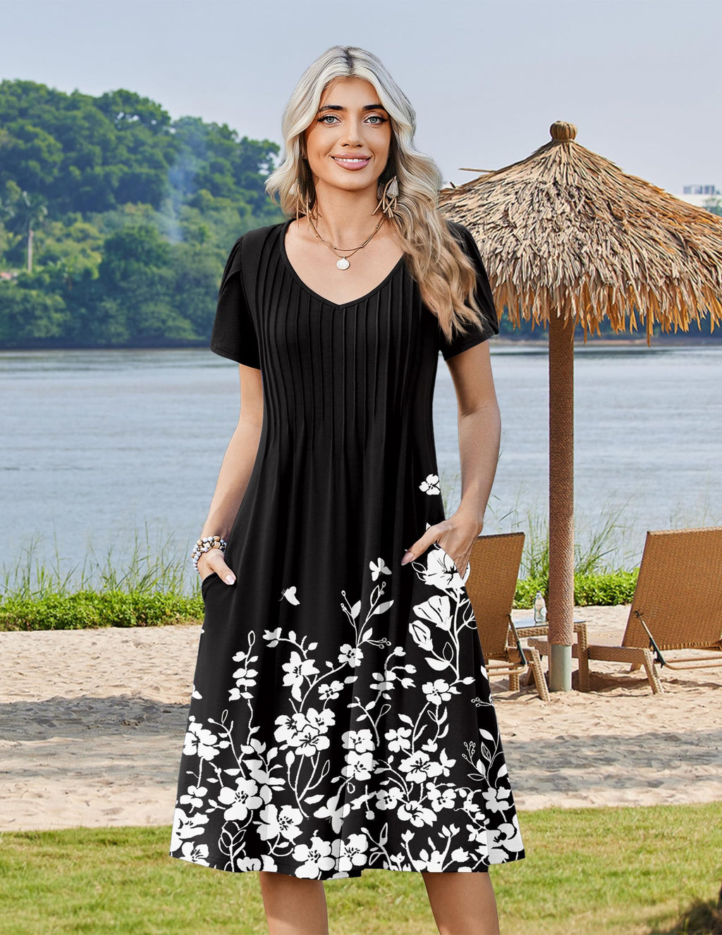 Zeagoo Swing A Line Midi Mothers Day Dress Boho Dresses for Women 2026 Modest Dresses Midi Summer Dress Ladies Short Sleeve Floral Dress Pleated Sundress Black XL