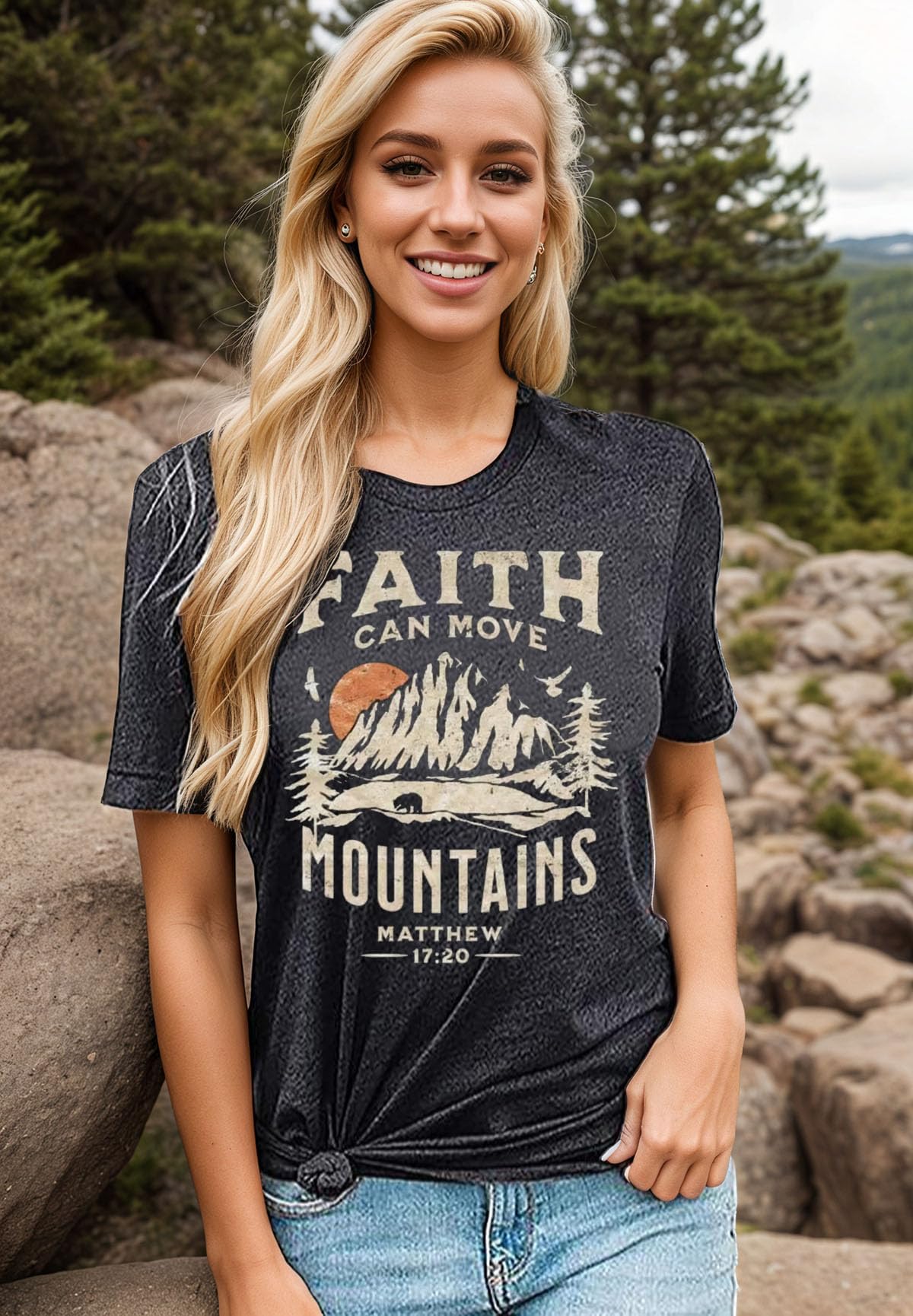 Faith Can Move Mountains Shirt Women Letter Printed Summer Vacation Tee Mountain Adventure Hiking Camping Shirt (Small, Grey)
