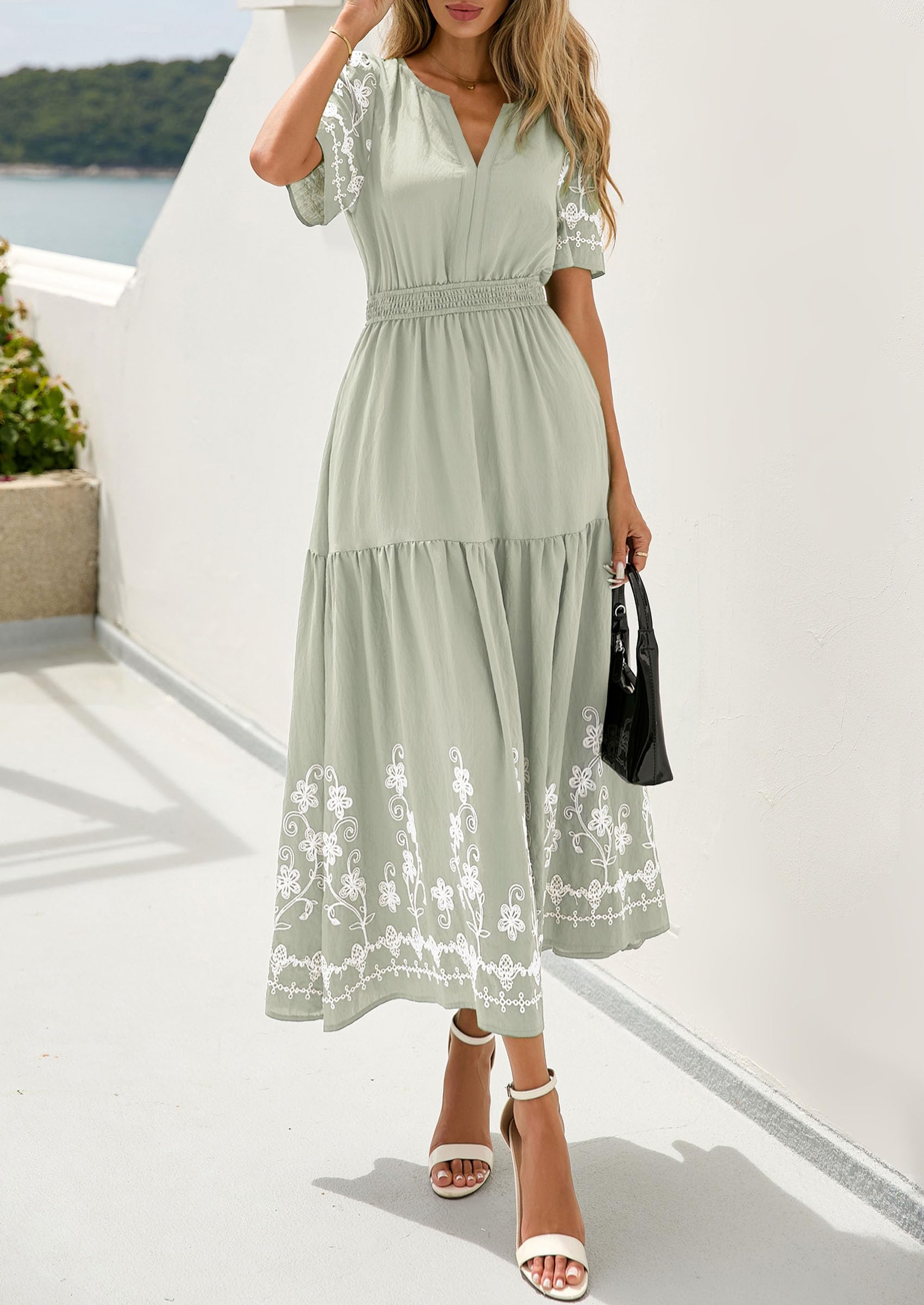 PRETTYGARDEN Women's Summer Boho Maxi Dress 2026 Spring Floral Short Sleeve V Neck A Line Flowy Beach Wedding Guest Dresses (Light Green,XX-Large)