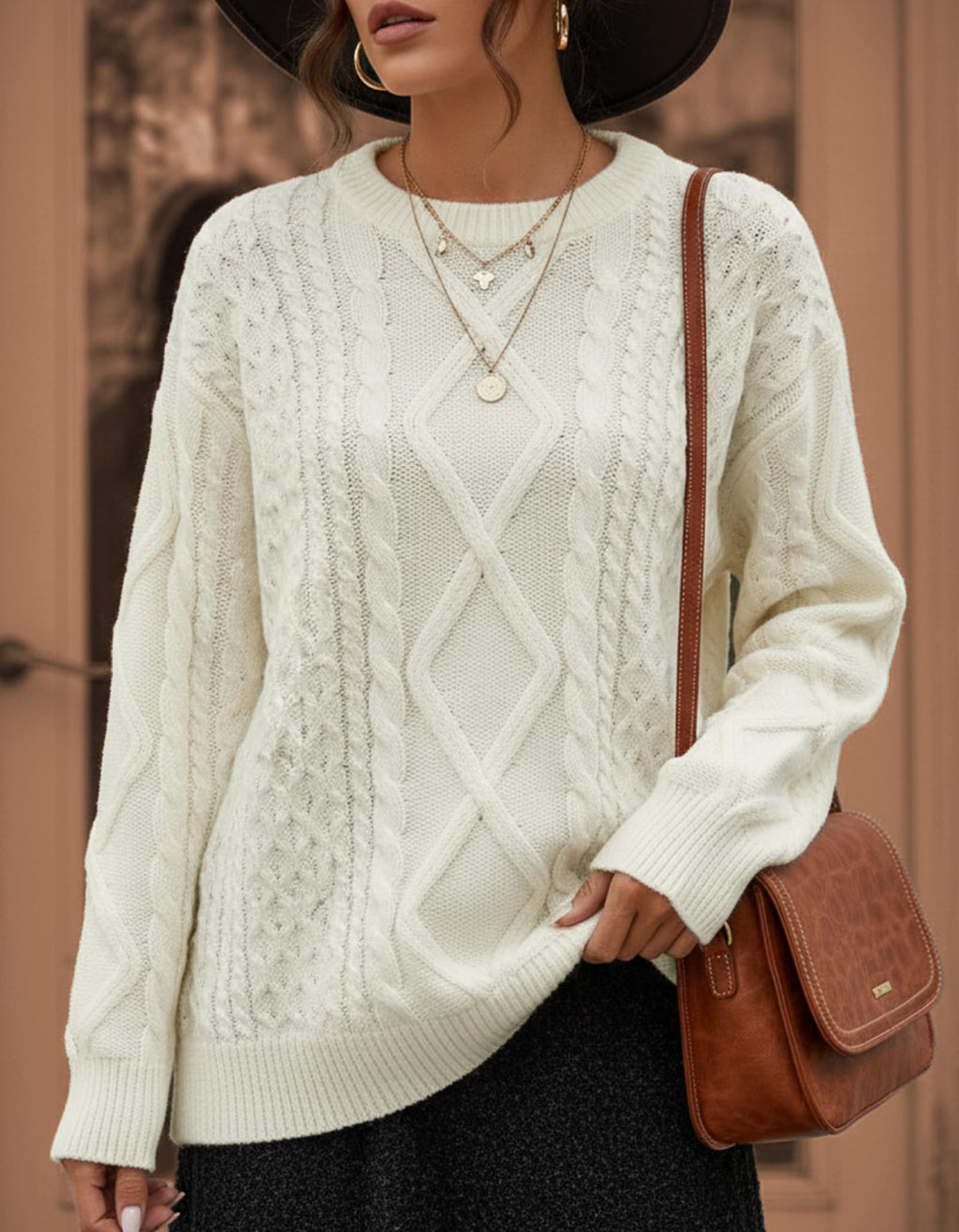 Simlakey Women Oversized Sweater Cable Knit Chunky Pullover Long Sleeve Crew Neck Outfit Winter Knitwear Loose Fit Casual Top(Apricot,M)