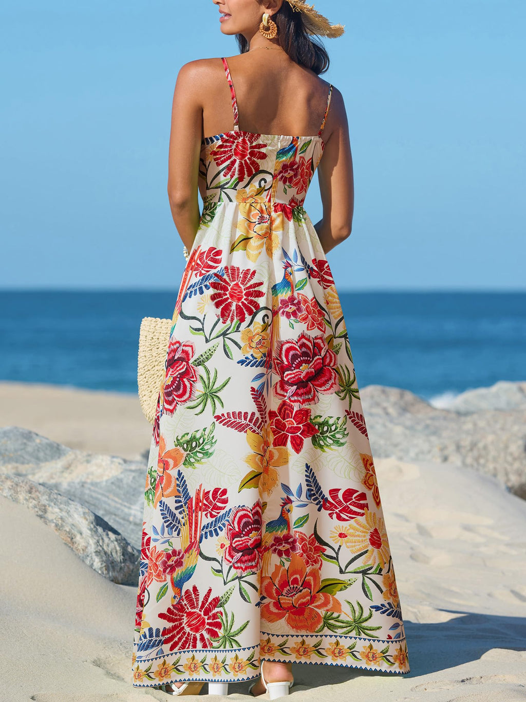 CUPSHE Women's Summer Dresses Casual Spring V Neck Sleeveless Floral Beach Vacation Long Spaghetti Strap Flowy Maxi Wedding Guest Dress Red Floral, M