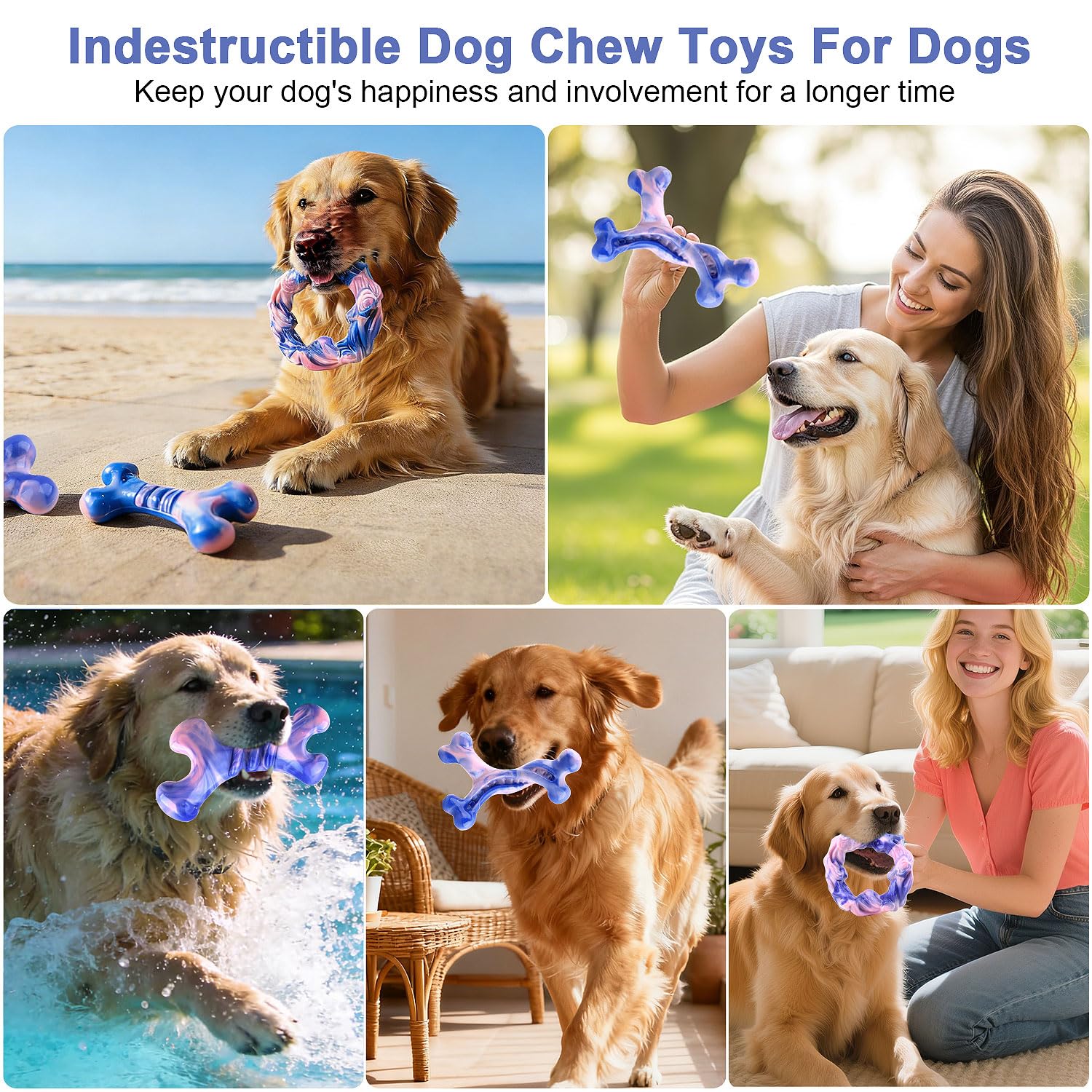 Rensh 3-Pack Tough Dog Chew Toys for Aggressive Chewers, Almost Indestructible Dog Toys for Medium Large Breed, Super Chew Toy to Keep Them Busy & Reduce Boredom, Teeth Cleaning Training, Milk Flavor