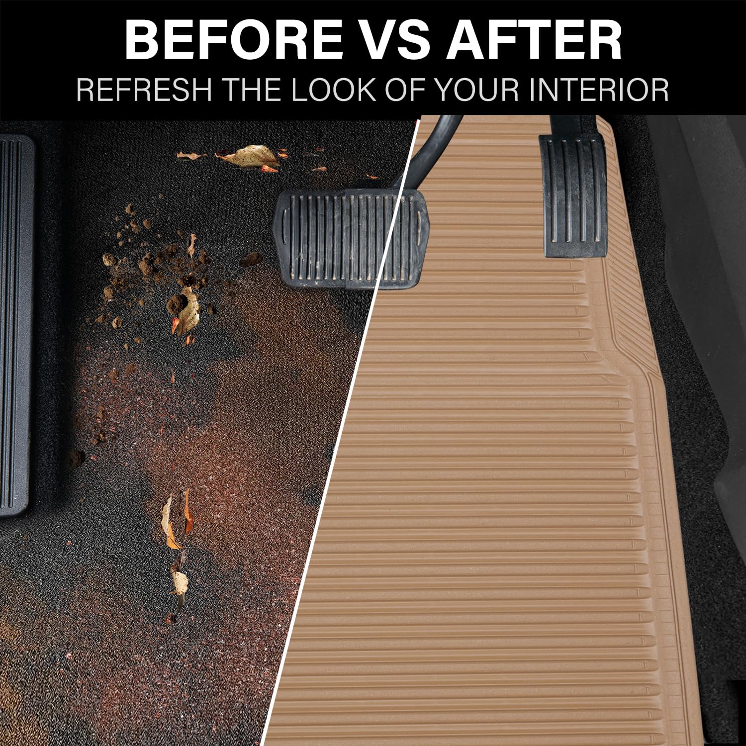 CAR PASS Rubber Floor Mats - All Weather, Full Set 4-Piece, Waterproof Automotive Mats Trim to Fit Most Cars, Sedans, SUVs, Vans - Heavy Duty Anti-Slip Easy Clean, All Beige