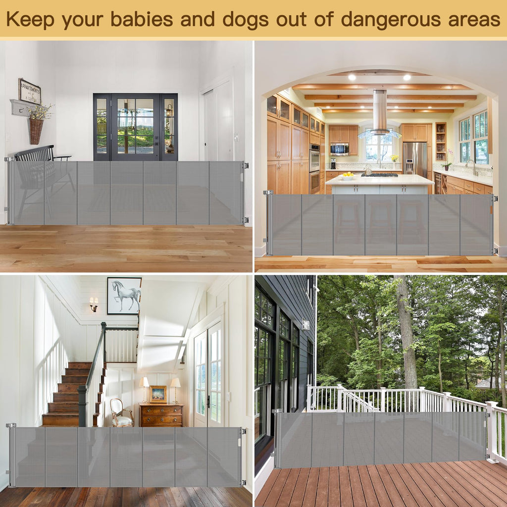 Reinforced 100 Inch Extra Long Baby Gates for Large Openings to Prevent Crawling Under, No Bottom Bar Extra Wide Retractable Baby Gate for Stairs, 8 ft Mesh Child Gate for Parent/Pet Owner Use, Gray