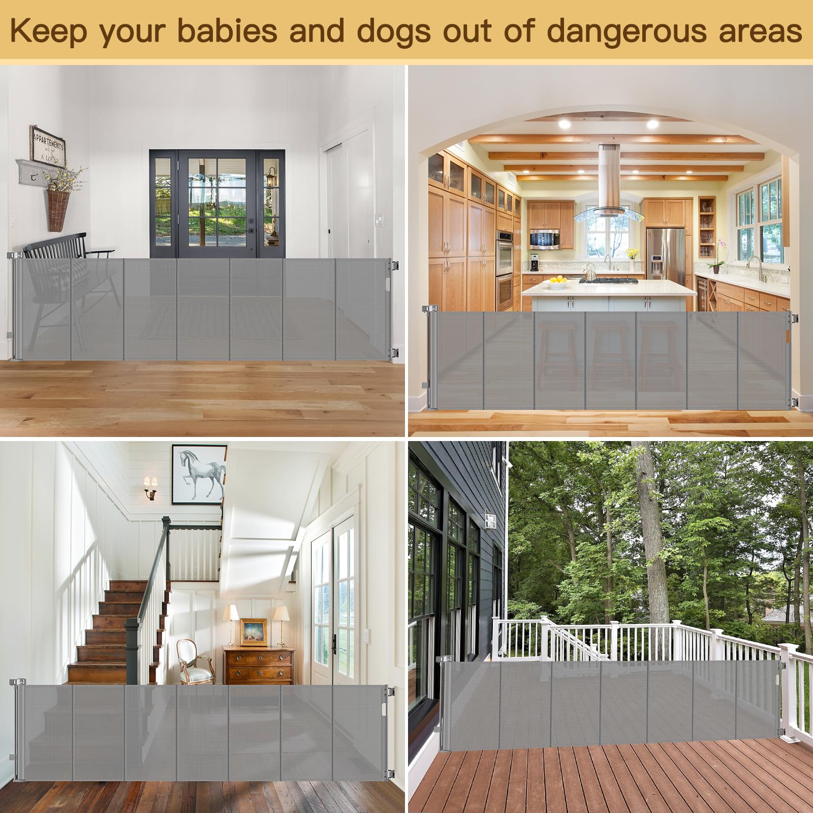 Reinforced 100 Inch Extra Long Baby Gates for Large Openings to Prevent Crawling Under, No Bottom Bar Extra Wide Retractable Baby Gate for Stairs, 8 ft Mesh Child Gate for Parent/Pet Owner Use, Gray