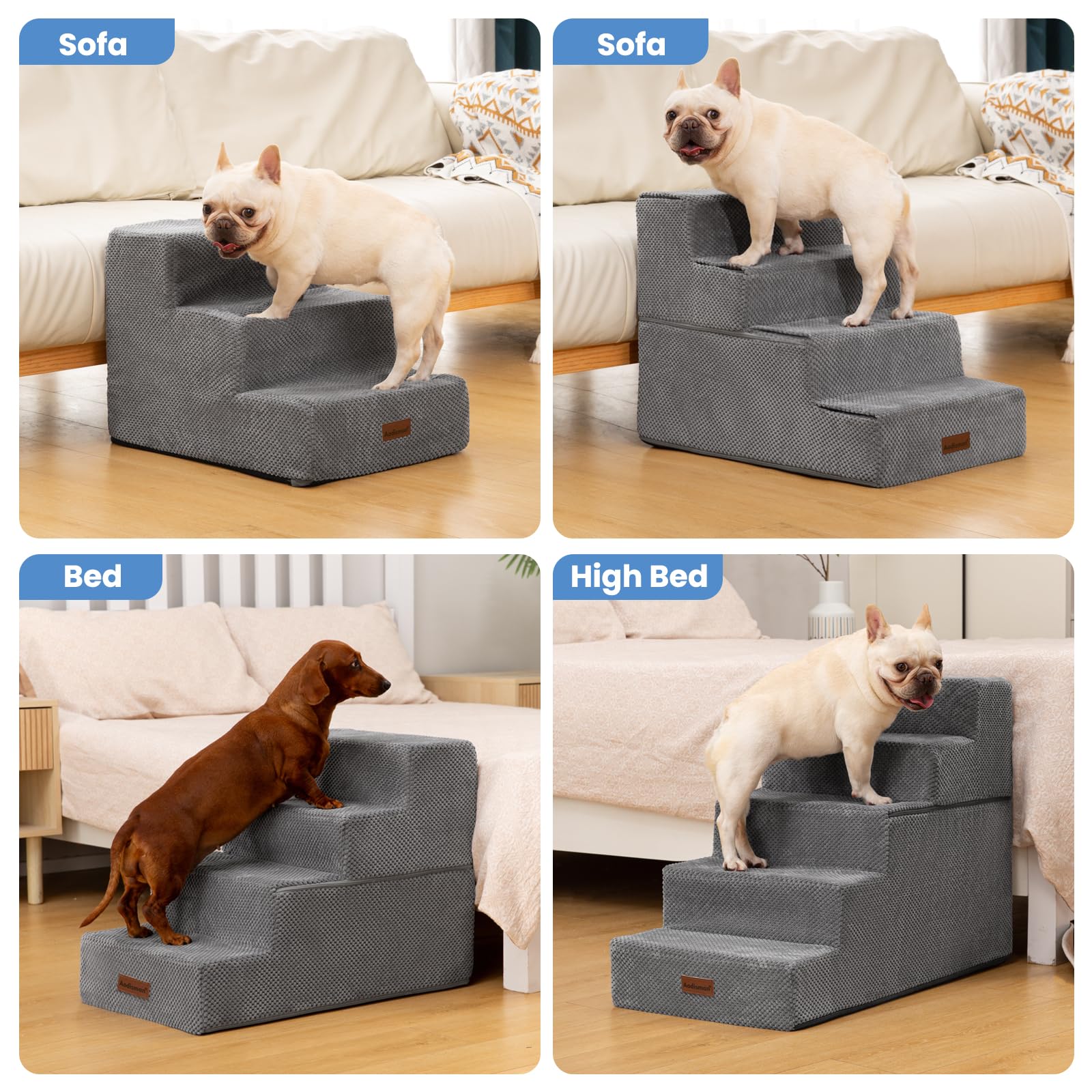 Aodisman Dog Stairs for Small Dogs, 3-Step Non-Slip Pet Stairs for Couch Sofa and Chair, Dog Bed Stairs for Puppy, Older Cat,Grey,13.6" H