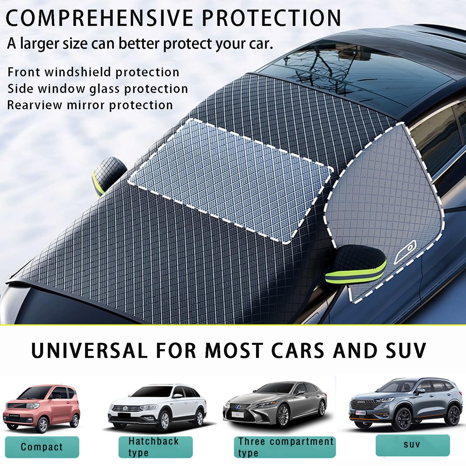 Car Windshield Cover for Ice and Snow - Universal Windshield Snow Cover with Side Window and Rearview Mirror Protector, Durable Magnetic Winter Frost Hail Guard, Suitable for Most Cars,SUV,Truck