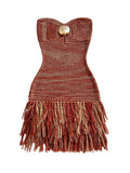 WDIRARA Women's Metal Fringe Hem Knitted Tube Dress Cut Out Layered Mini Boho Dresses Multicolor Large