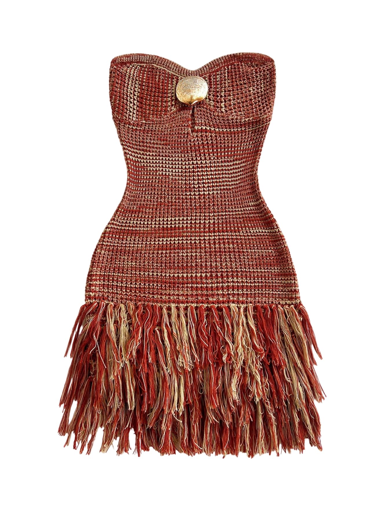 WDIRARA Women's Metal Fringe Hem Knitted Tube Dress Cut Out Layered Mini Boho Dresses Multicolor Large