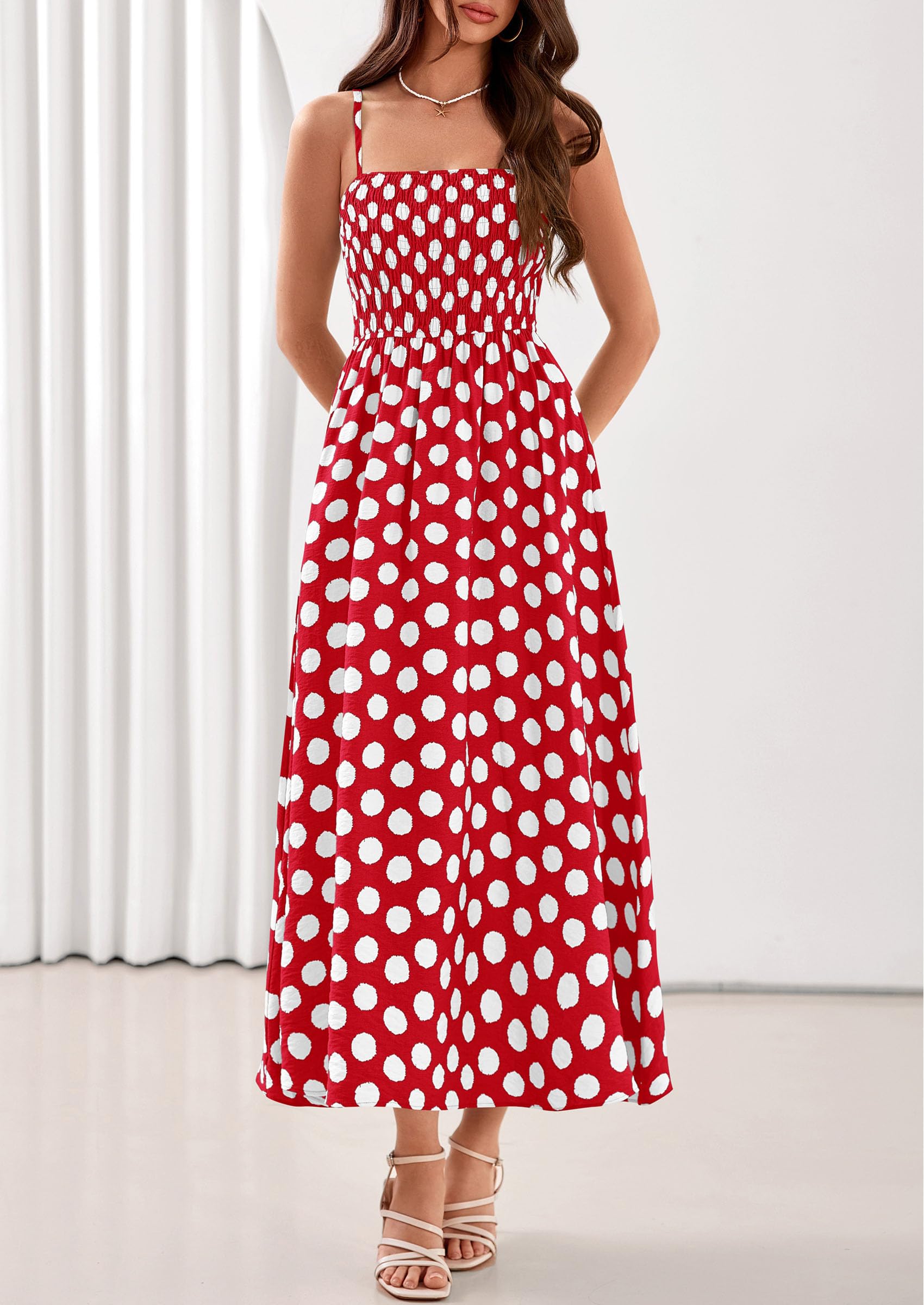 PRETTYGARDEN Womens Polka Dot Dress 2026 Summer Spaghetti Strap Smocked Sundress Beach Vacation Wedding Guest Midi Dresses(Red,X-Small)