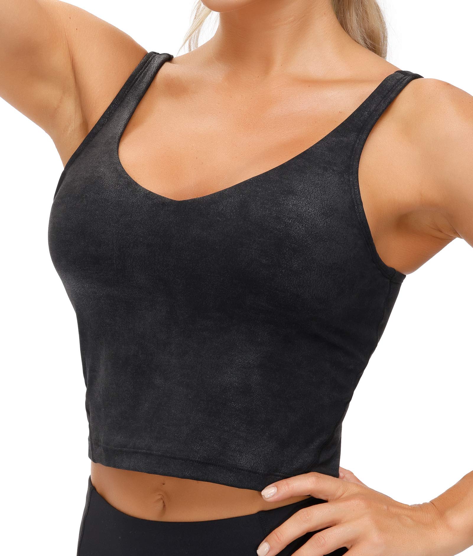 THE GYM PEOPLE Women’s Longline Sports Bra Wirefree Padded Medium Support Yoga Bras Gym Running Workout Tank Tops (Faux Leather Coated, Medium)