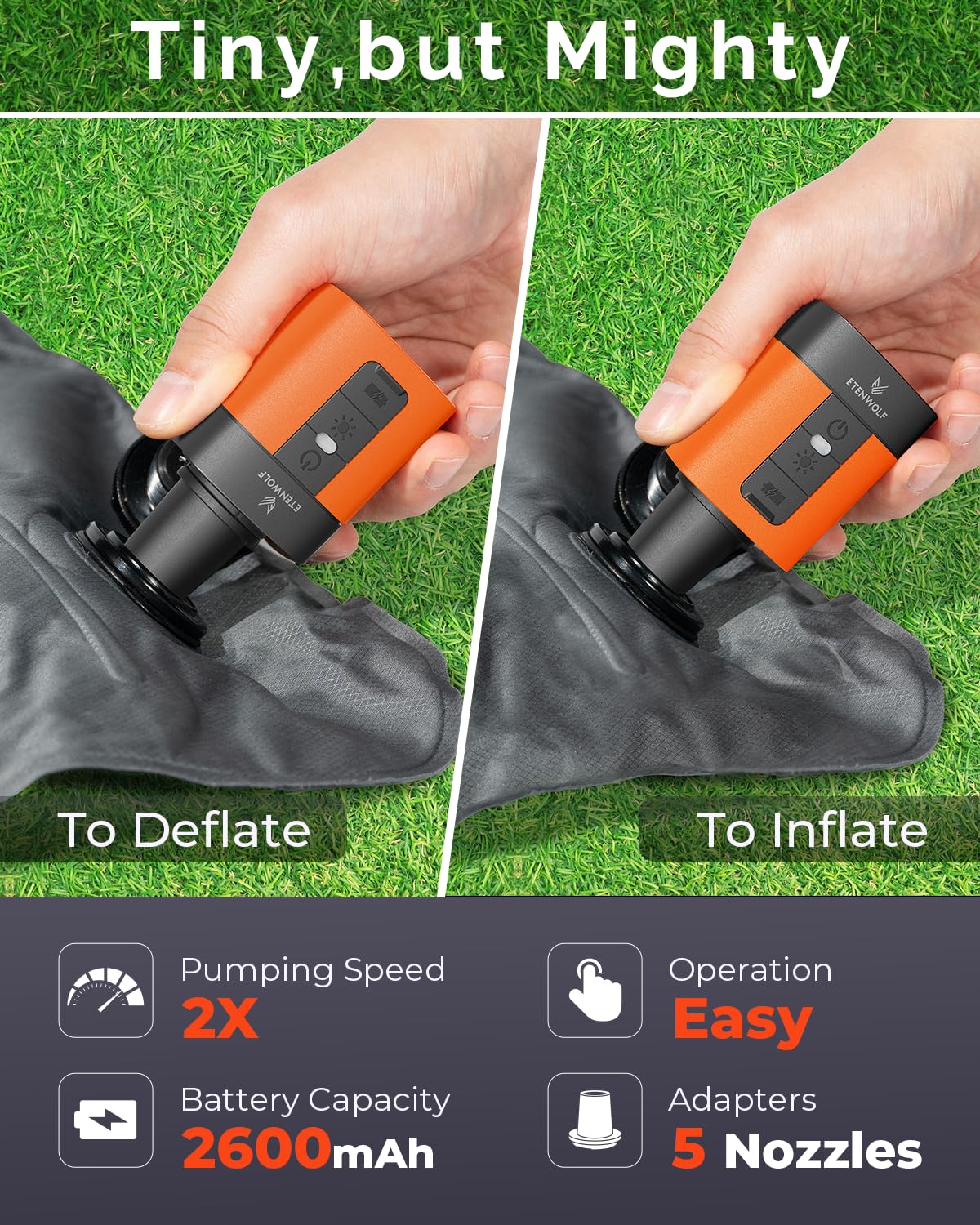 ETENWOLF AIR 3 Air Pump for Inflatables with 2600 mAh Battery & Camping Light, Ultra-Fast and Mini Electric Air Pump, Inflate Deflate for Air Mattress, Pool Floats, Vacuum Storage Bags, Vivid Orange