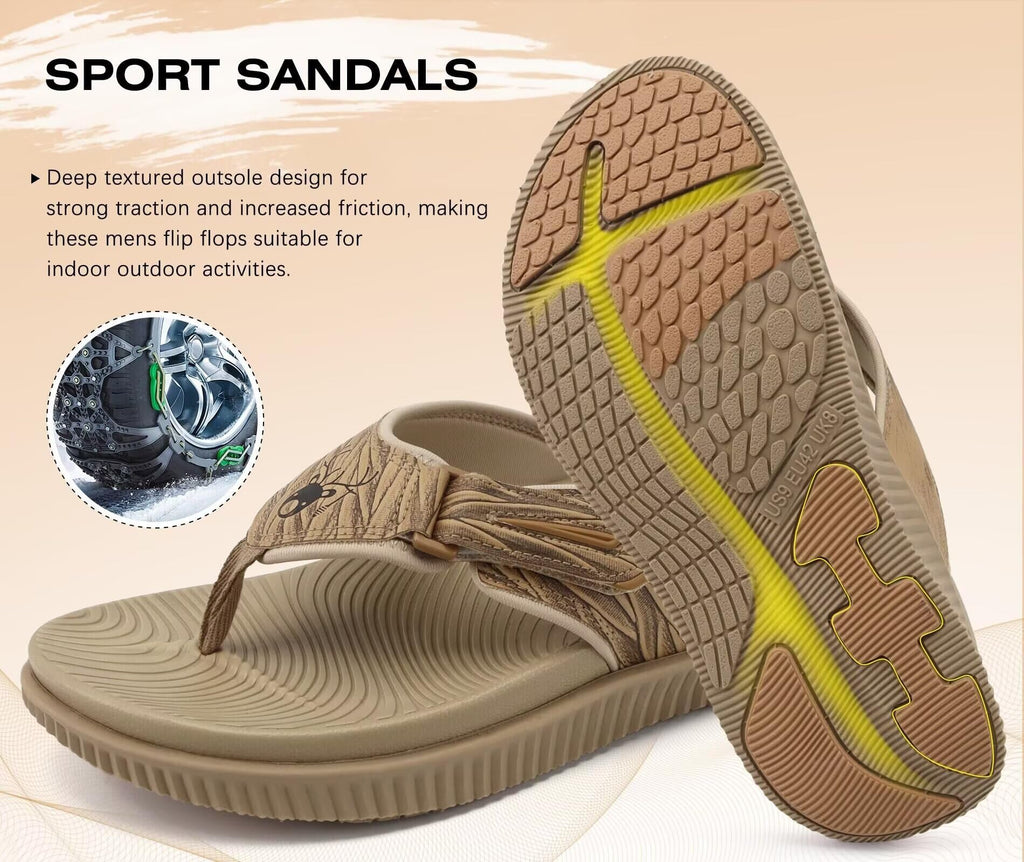 KuaiLu Men's Orthotic Cushion Flip Flops 2026 Mens Leather Athletic Recovery Foam Walking Sandals Plantar Fasciitis Arch Support Beach Flip-Flop Slides Shoes Summer Essentials For Man, Khaki Size 10