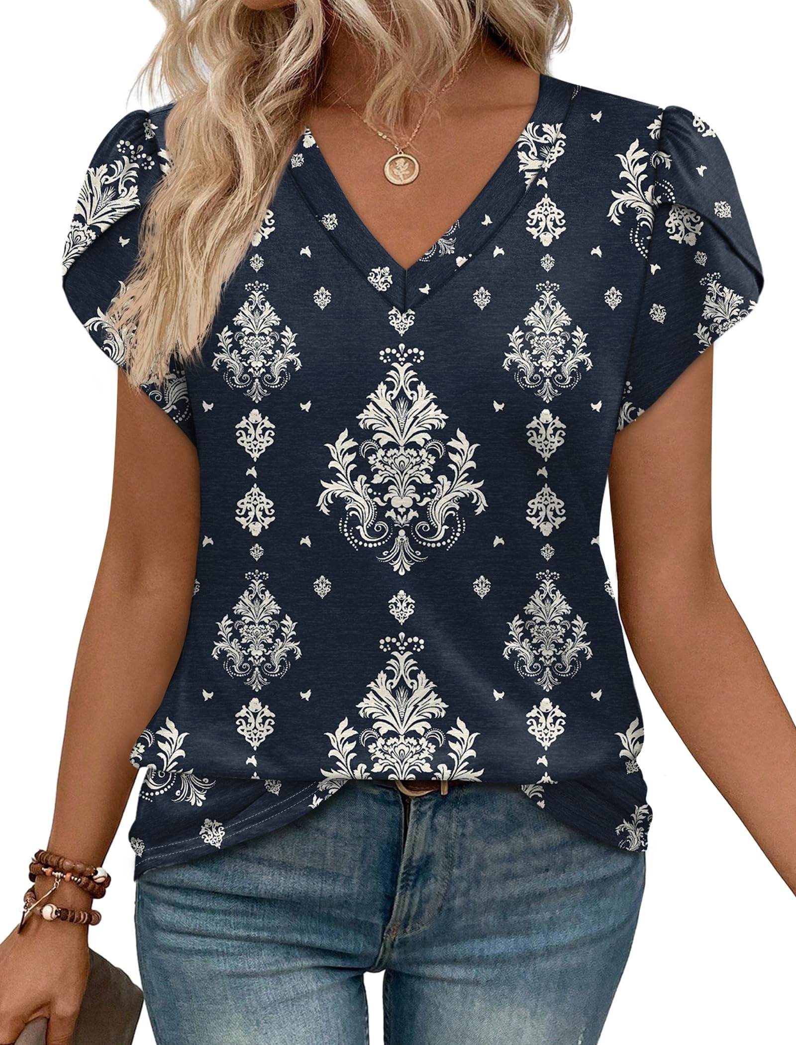 WIHOLL Boho Tops for Women 2026 Trendy Short Sleeve Shirts Spring Outfits Business Casual Blouses Vacation Travel Work Clothes Tshirts Shirts Fashion Clothing M