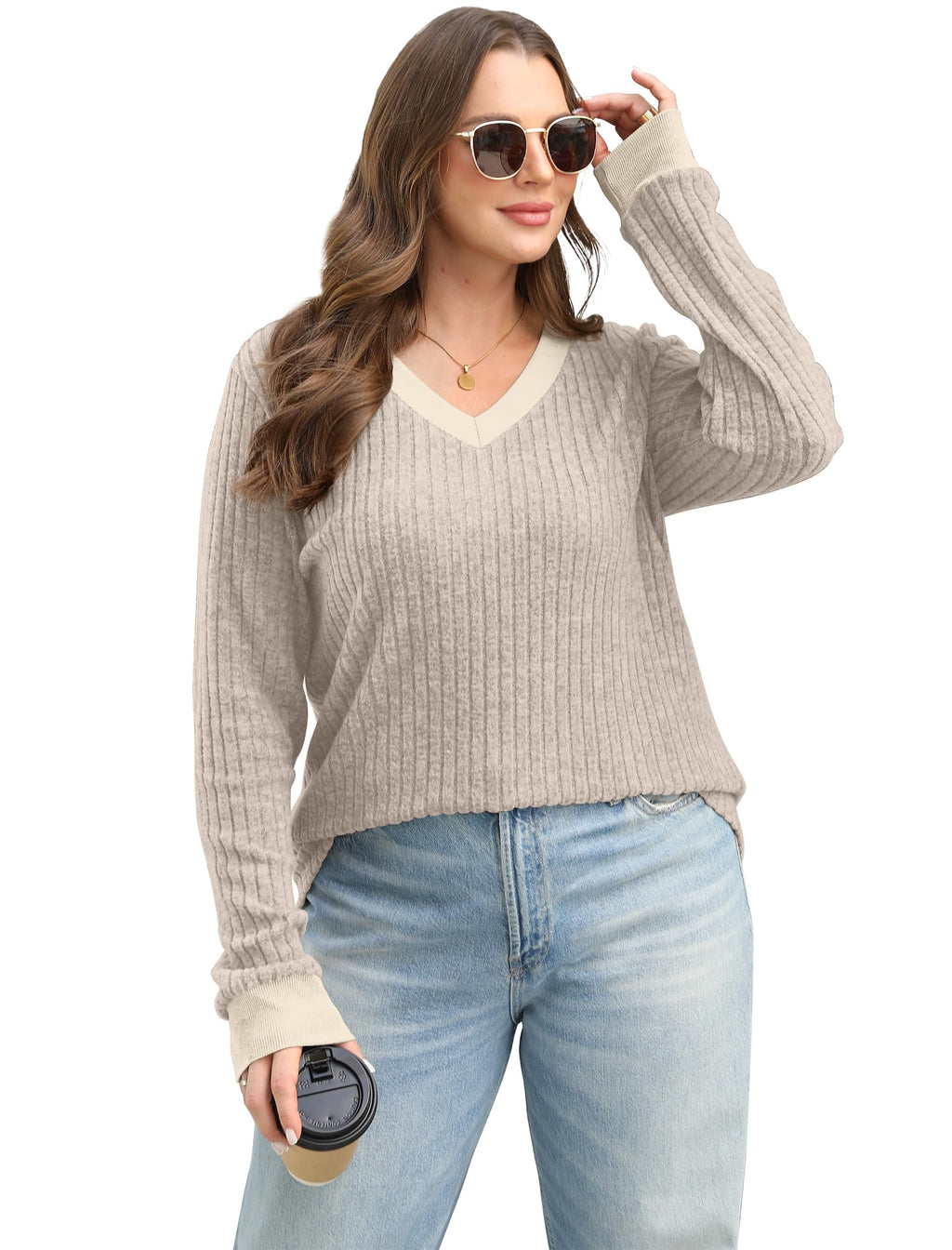 Sampeel V Neck Sweaters for Women Fall Trendy 2025 Long Sleeve Work Shirts Dressy Casual Tops Fashion Outfits Khaki M
