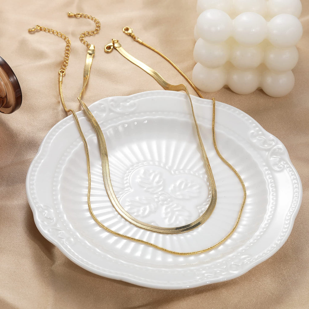 CHESKY 14K Gold/Silver Plated Snake Chain Necklace Herringbone Necklace Gold Choker Necklaces for Women Gifts Jewelry 1.5/3/5MM(W) 14"/16"(L)