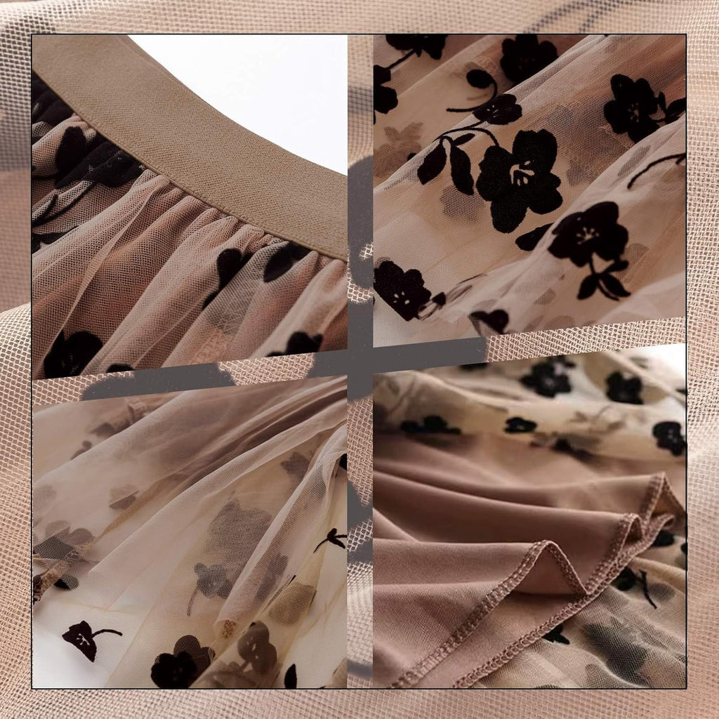 Reaowazo Skirts for Women Midi Long Length Dressy Casual Trendy Summer Tulle A-Line Floral High Waist Skirt Khaki L-XL