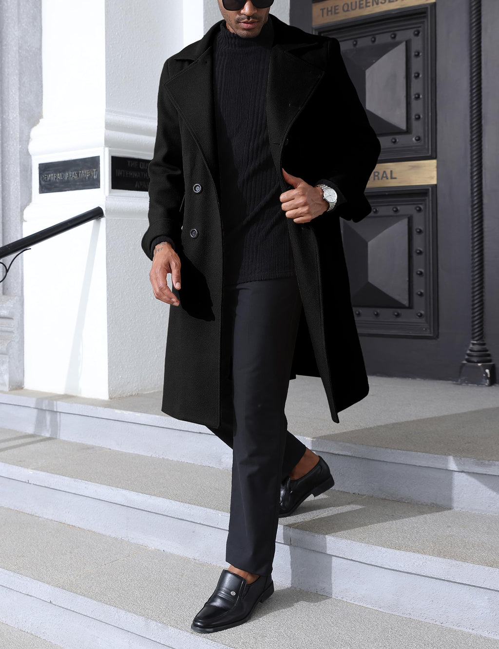 Springrain Men's Pea Coat Double Breasted Overcoat Lapel Coat Classic Long Trench Coat(Black-S)
