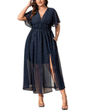 Mother of The Bride Dresses for Curvy Women Plus Size: Evening Dresses for Women Elegant Classy - Navy Chiffon Easter Dress - Spring Wedding Guest Dress