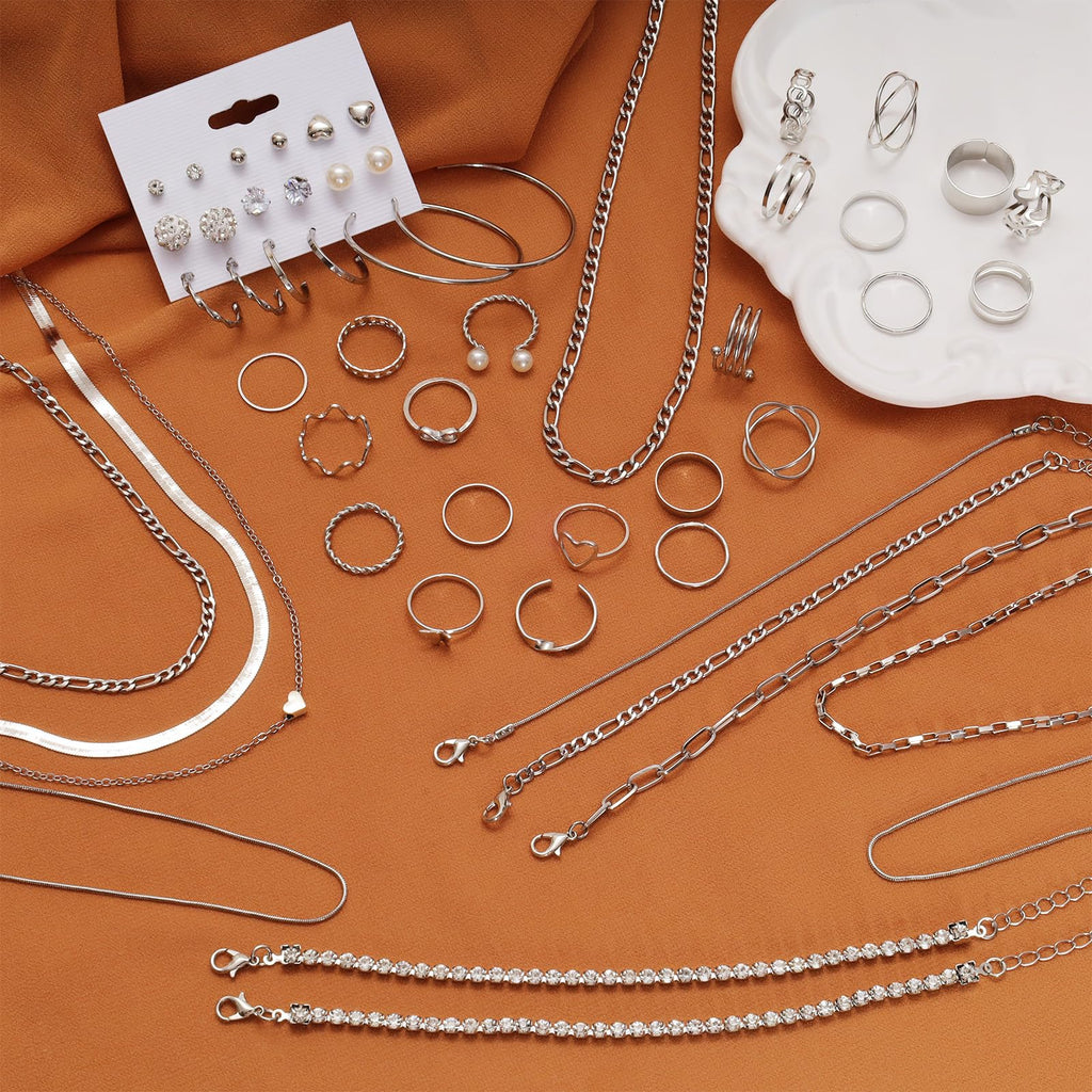 Silver Jewelry Set for Women Layered Bracelets Ball Dangle Hoop Earrings Stackable Knuckle Rings Set Dainty Adjustable Necklaces Valentine Anniversary Trendy Party Costume Accessories Jewelry (Fashionable)
