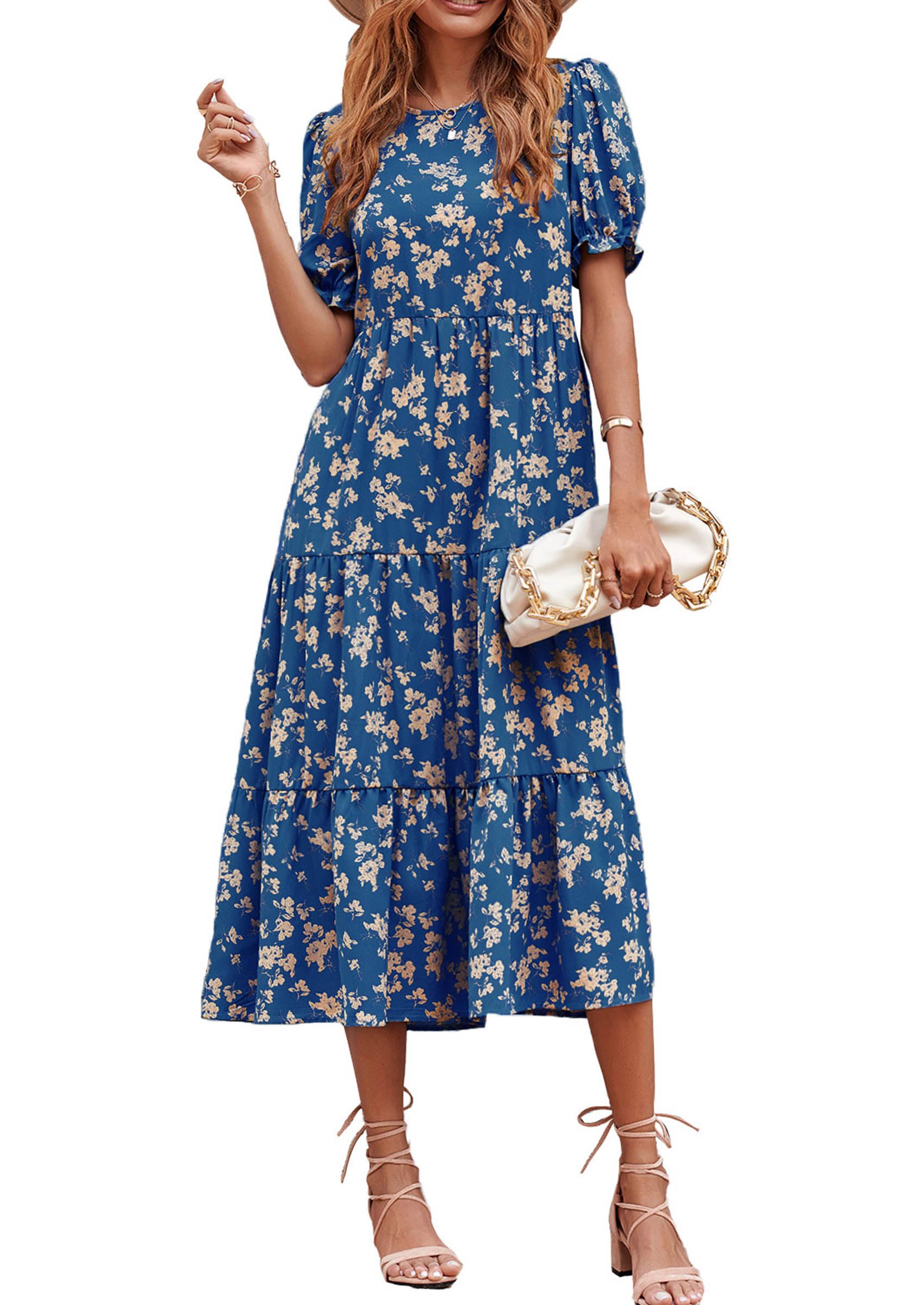 PRETTYGARDEN Summer Dresses for Women 2025 Casual Floral Boho Midi Sun Dress Puff Short Sleeve Flowy Beach Vacation Sundress (Blue Apricot,Medium)