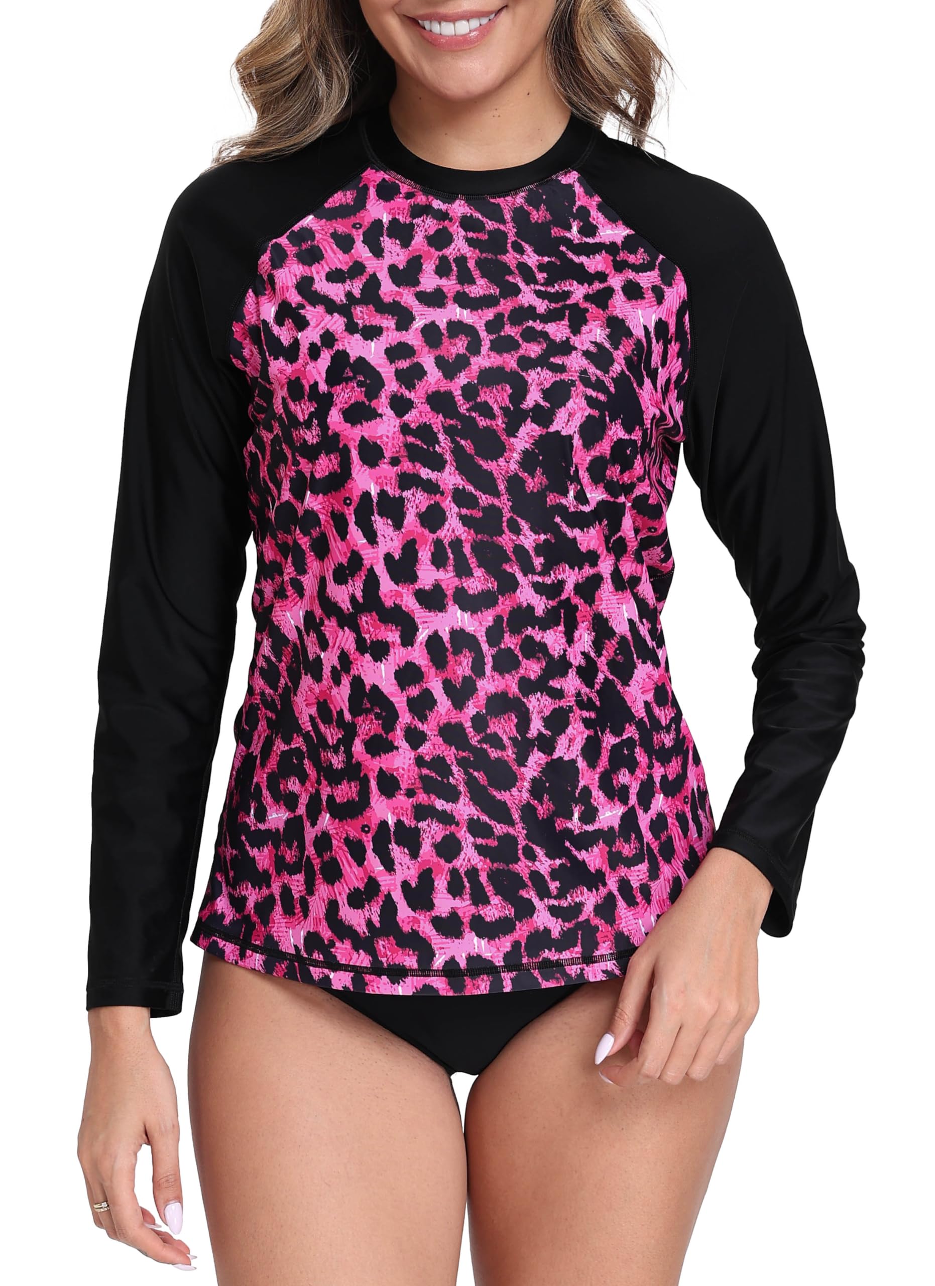 Halcurt Womens Long Sleeve Rash Guard Swim Shirts with Built in Bra UPF50+ Sun Protection Swimsuit Top Black Pink Leopard M