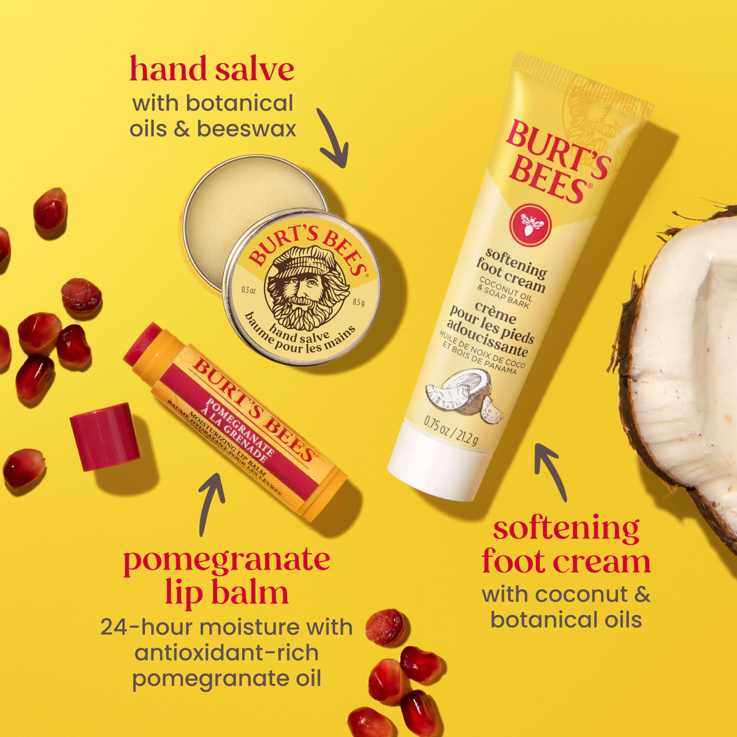 Burt's Bees Mothers Day Gifts Ideas, Tips and Toes Kit, 6 Travel Size Products - Pomegranate Moisturizing Lip Balm, 2 Hand Creams, Foot Cream, Cuticle Cream, and Hand Salve