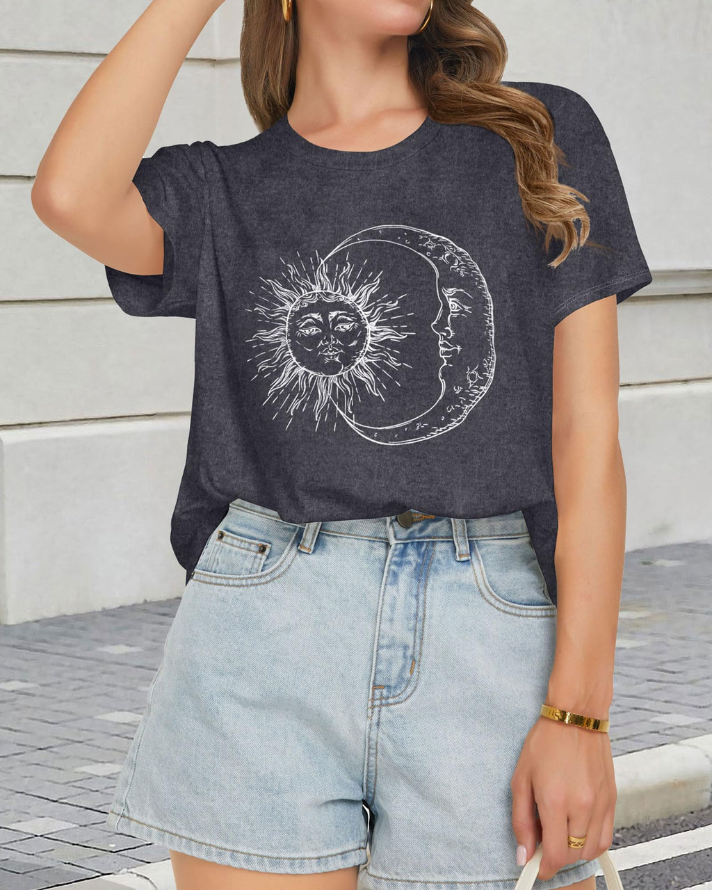 T Shirts for Women Summer Short Sleeve Crewneck Casual Cute Graphic Basic Tees Tops, Deep Grey Moon, L
