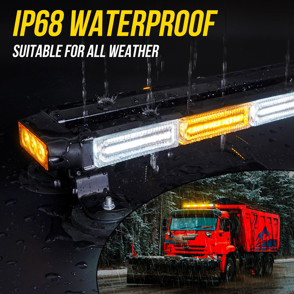 LRTER 34inch 166 LED Emergency Rooftop Strobe Lights Bar Flashing Safety Traffic Advisor Warning Hazard Snow Plow Light W/Magnet Base for Work Trucks Vehicles Construction Tow Pickup Amber White