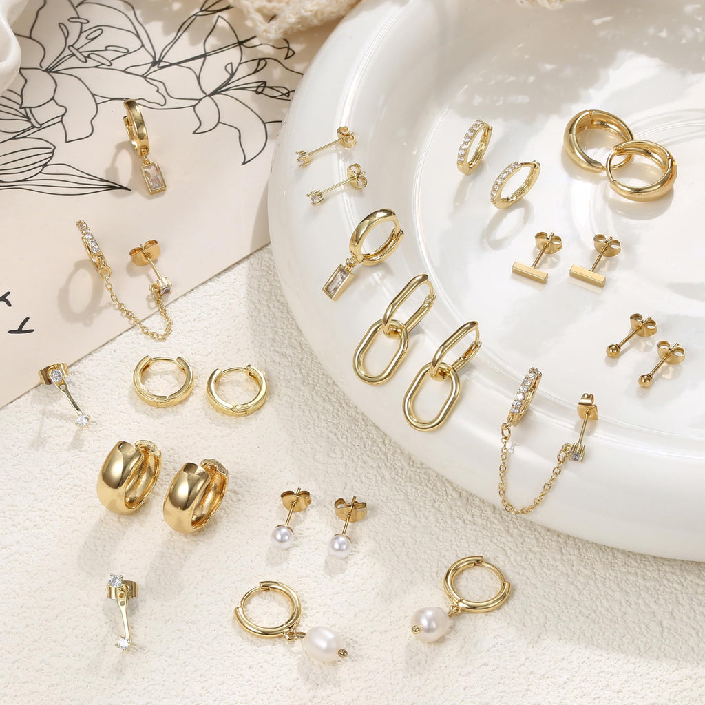 BESTEEL 13 Pairs Small Stud Hoop Earrings Set for Women Hypoallergenic 14K Gold Plated Dainty Huggie Hoops Lightweight Earrings for Gift
