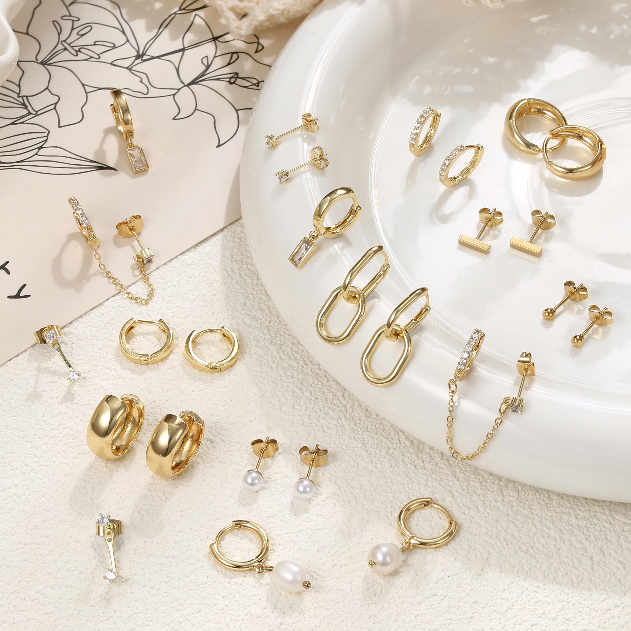BESTEEL 13 Pairs Small Stud Hoop Earrings Set for Women Hypoallergenic 14K Gold Plated Dainty Huggie Hoops Lightweight Earrings for Gift