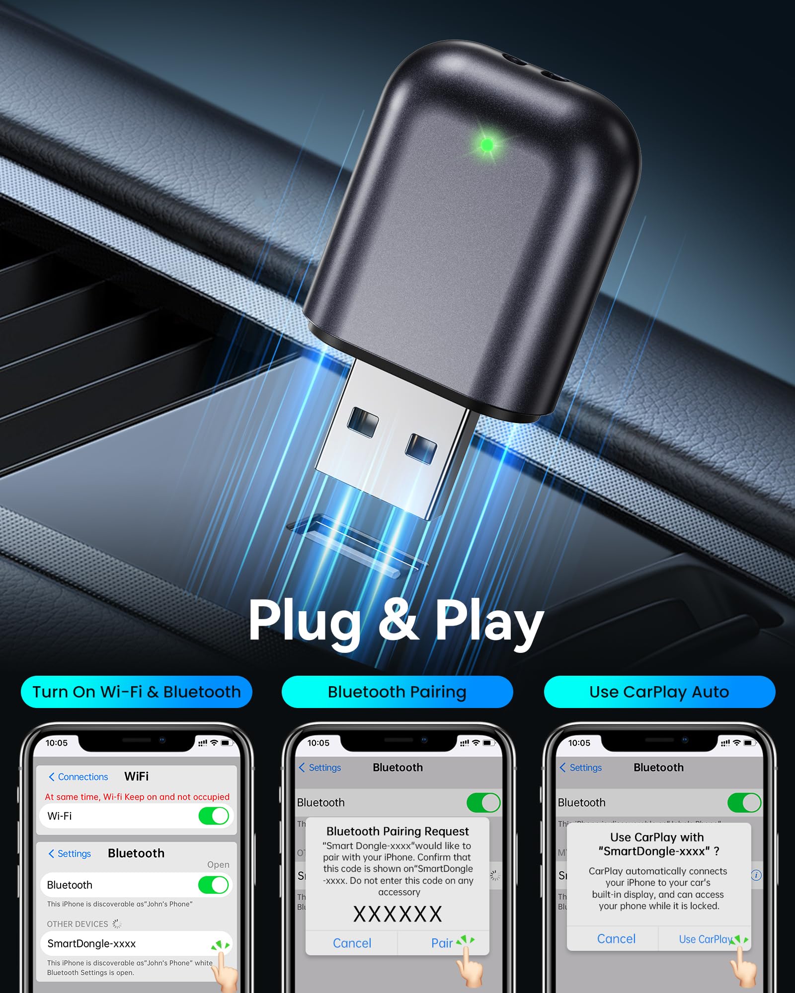Burnt Sugar Wireless Carplay Adapter for iPhone 2025 Upgrade, Ultra-Mini USB Design for Apple Car Play Dongle Convert Wired to Wireless, Stable Connect Plug & Play for iOS 10+ & Cars from 2016+ (Gray)