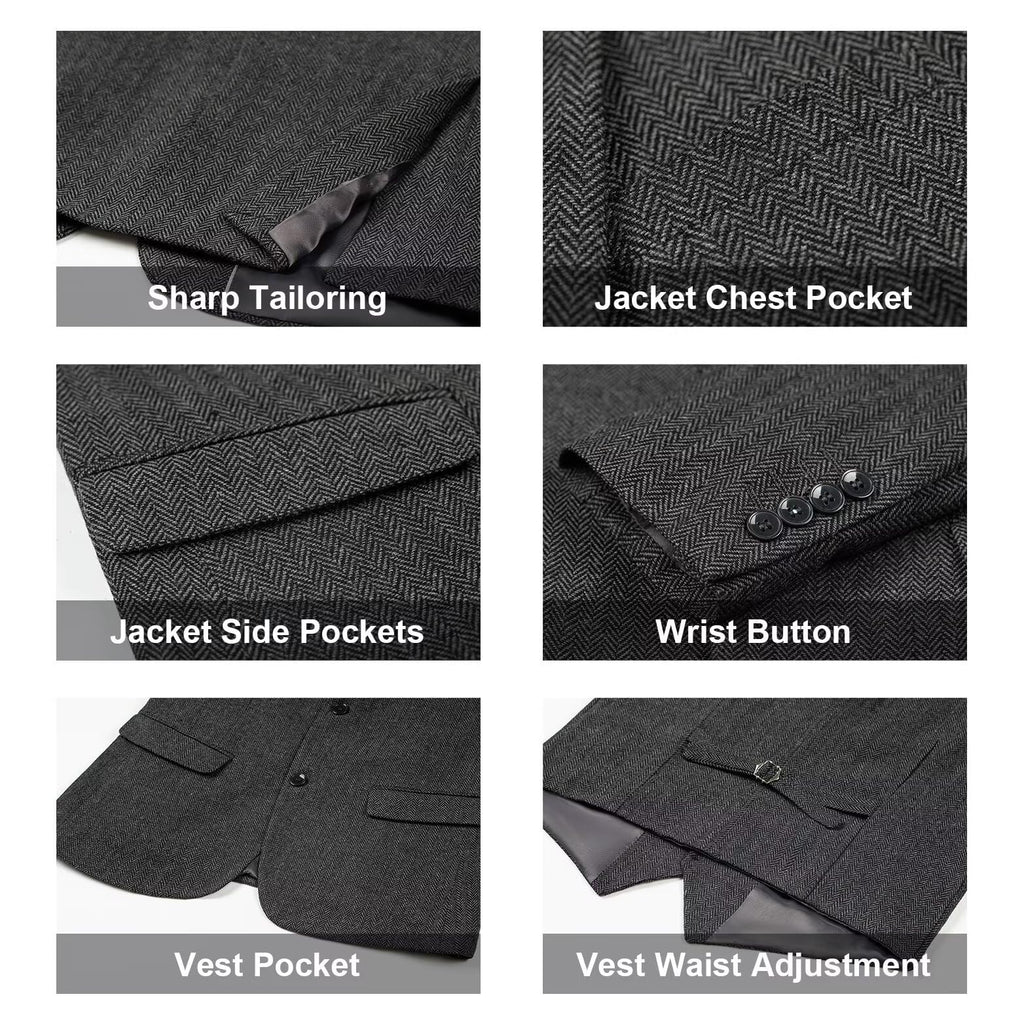 Herringbone Tweed 3 Piece Mens Suits Wool Blend Formal Party Dinner Tuxedo Set Business Suit Jacket Blazer Vest Pants for Men Grey Gray M