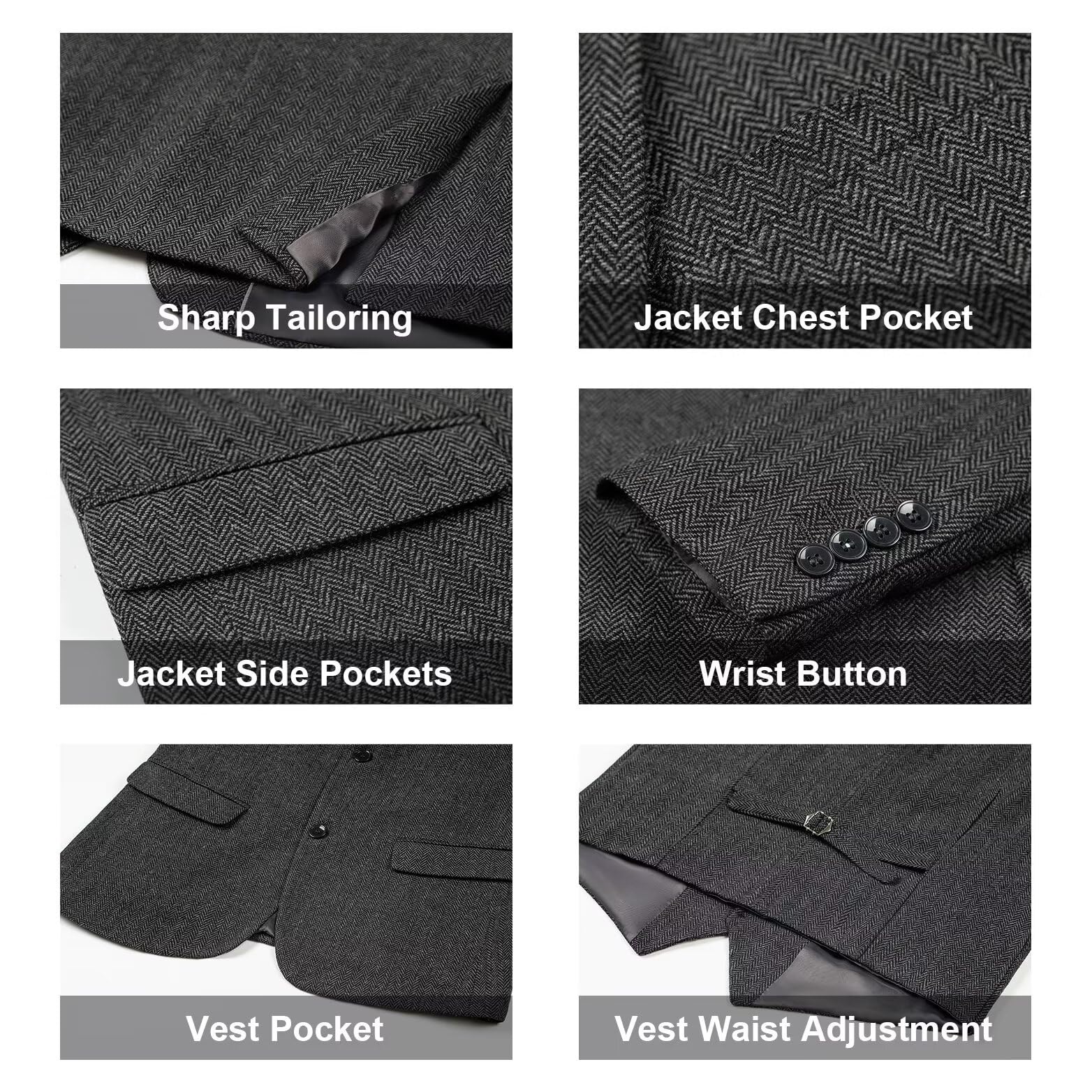Herringbone Tweed 3 Piece Mens Suits Wool Blend Formal Party Dinner Tuxedo Set Business Suit Jacket Blazer Vest Pants for Men Grey Gray M