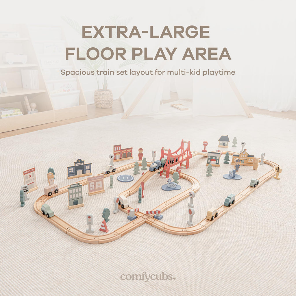 Comfy Cubs 100-Piece Wooden Train Set for Toddlers Ages 1+, Fun & Eco Friendly Toddler Train Set with Wooden Toy Tracks - Creative Toy Town Promoting Imaginative Play with Flexible Configuration