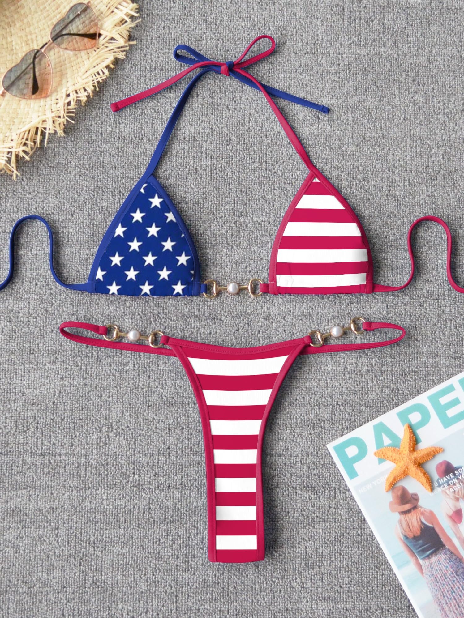 TASHEHE Women's Triangle Thong Bikini Set Sexy Brazillian Two Piece Swimsuit String Bathing Suit - Flag / 4th of July - Small