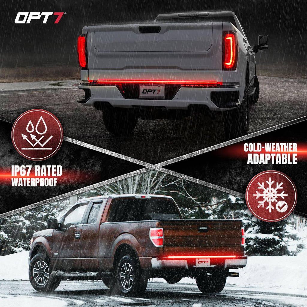 OPT7 Redline Parlux 60" Aluminum Truck Tailgate Light Bar w/Sequential Red Turn - Rigid 2-Section Triple Row LED Light Strip w/Ignition Sequence, Red Running Brake, Triple-Flash White Reverse