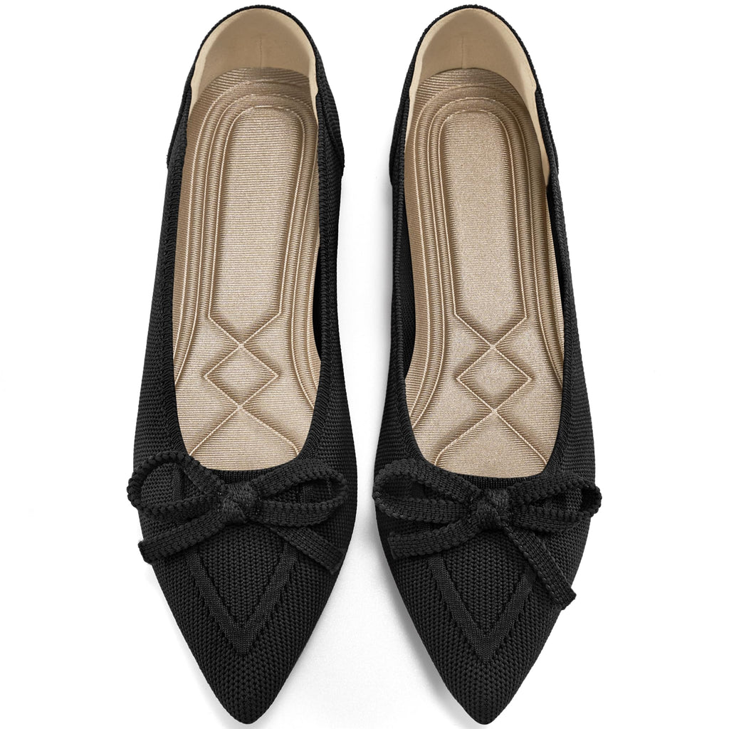 Ablanczoom Ballet Flats Shoes for Women: Dressy Pointed Toe Bow Knit Flats Comfortable Slip On Work Business Casual Shoes Black