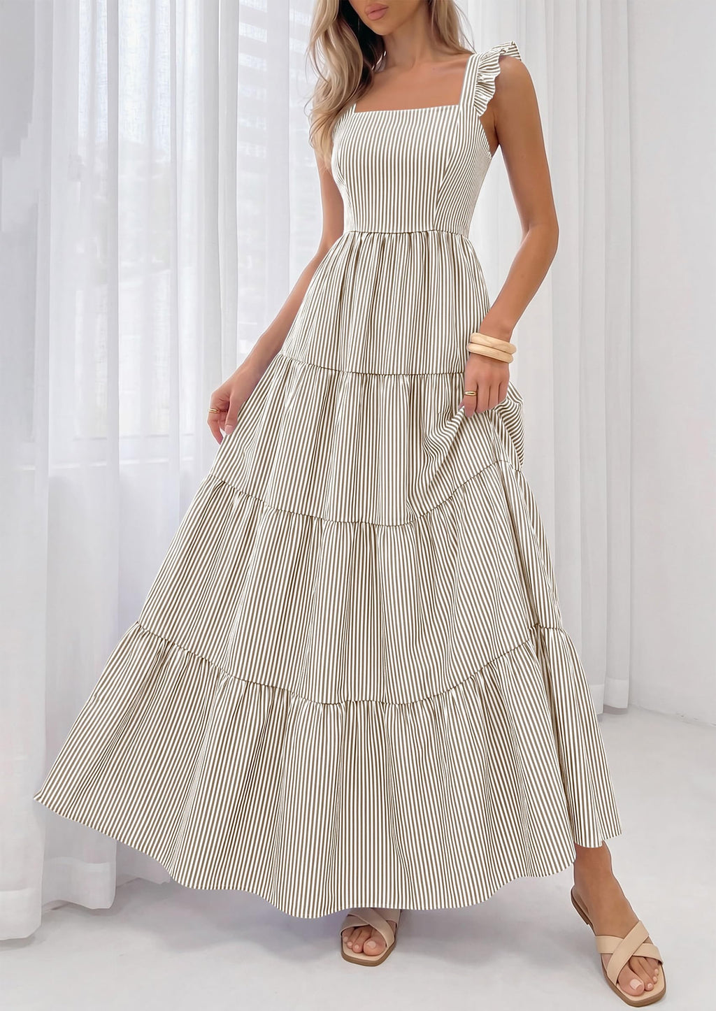 PRETTYGARDEN Womens 2026 Summer Casual Maxi Dresses Striped Square Neck Sleeveless Boho Flowy Sundress Beach Vacation Clothes (Brown,Medium)