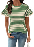 SHEWIN Women Summer Tops Ruffle Short Sleeve Shirts Business Dressy Blouse Casual Fashion Trendy Sweaters Loose Fit Work 2026 Clothes Size L, Beige and Green Stripe