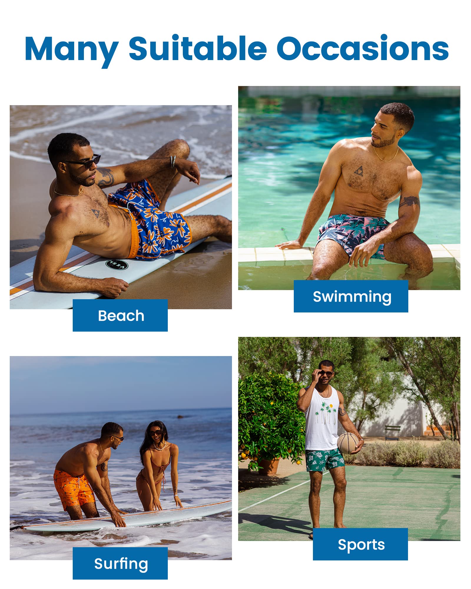 maamgic Mens Swim Trunks with Compression Liner 7 Inch Inseam Mens Bathing Suit Quick Dry Swimming Trunks Swimsuit Blue Leaf Large