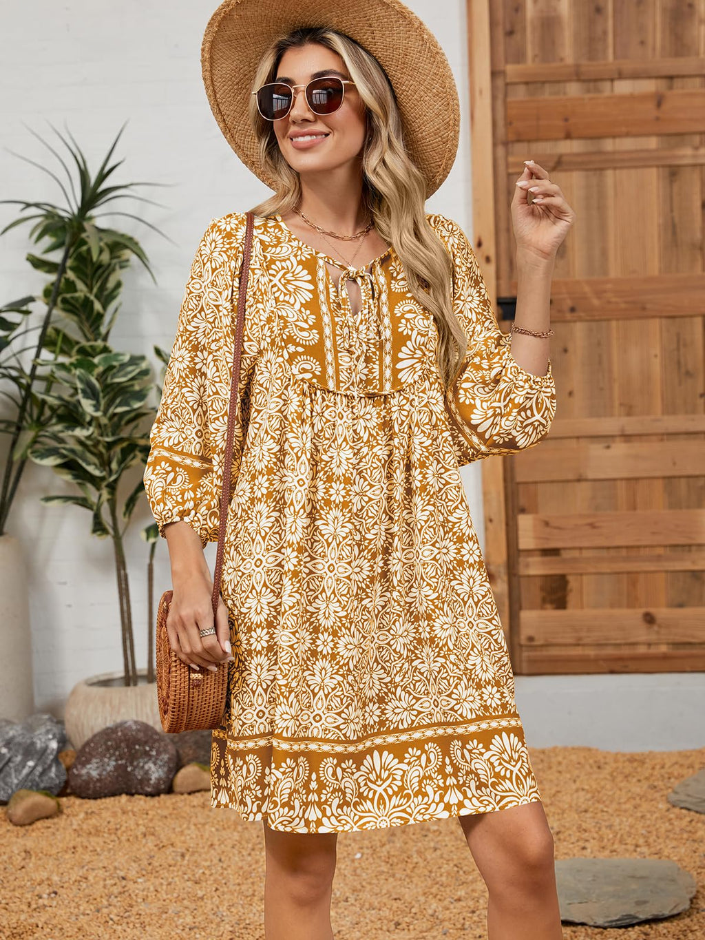 Qearal Summer Dresses for Women 2026 Vacation, 3/4 Sleeve Loose Tunic Dress Boho Beach Sun Dress Knee Length Brown XL
