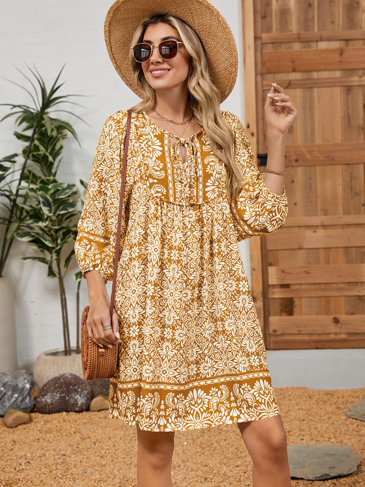 Qearal Summer Dresses for Women 2026 Vacation, 3/4 Sleeve Loose Tunic Dress Boho Beach Sun Dress Knee Length Brown XL