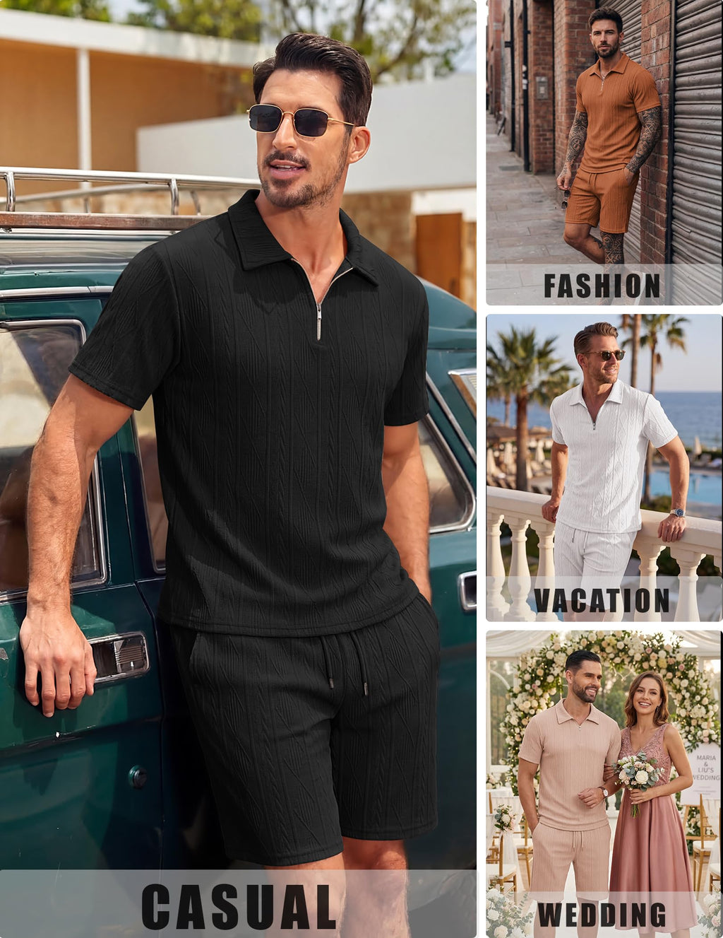 COOFANDY Men's 2 Piece Set Summer Beach Vacation Outfits Quarter Zip Polo Shirt and Shorts Sets Black Small