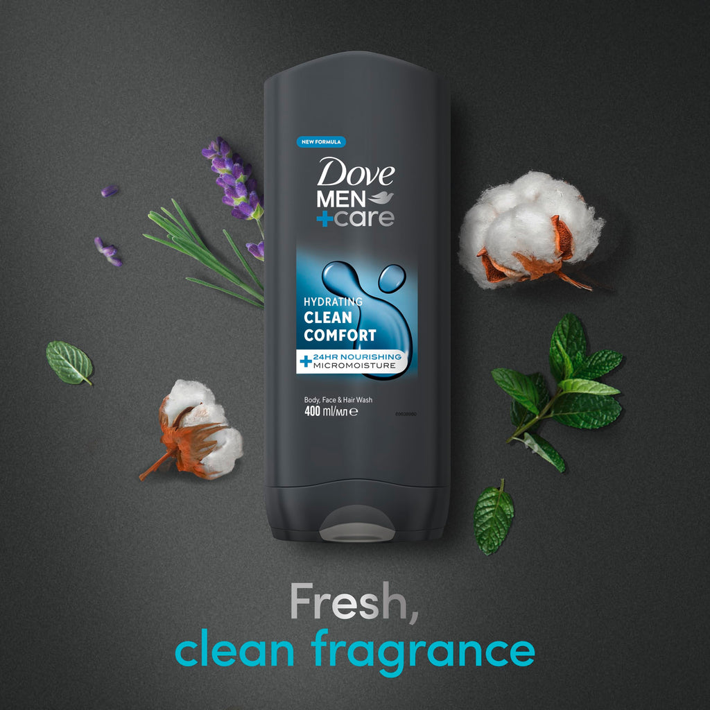 Dove Men+Care Hydrating Clean Comfort Men's 3-in-1 Hair, Face and Body Wash Body Cleanser shower gel with 24 hour nourishing MicroMoisture technology for relaxed and re-energised skin 400 ml