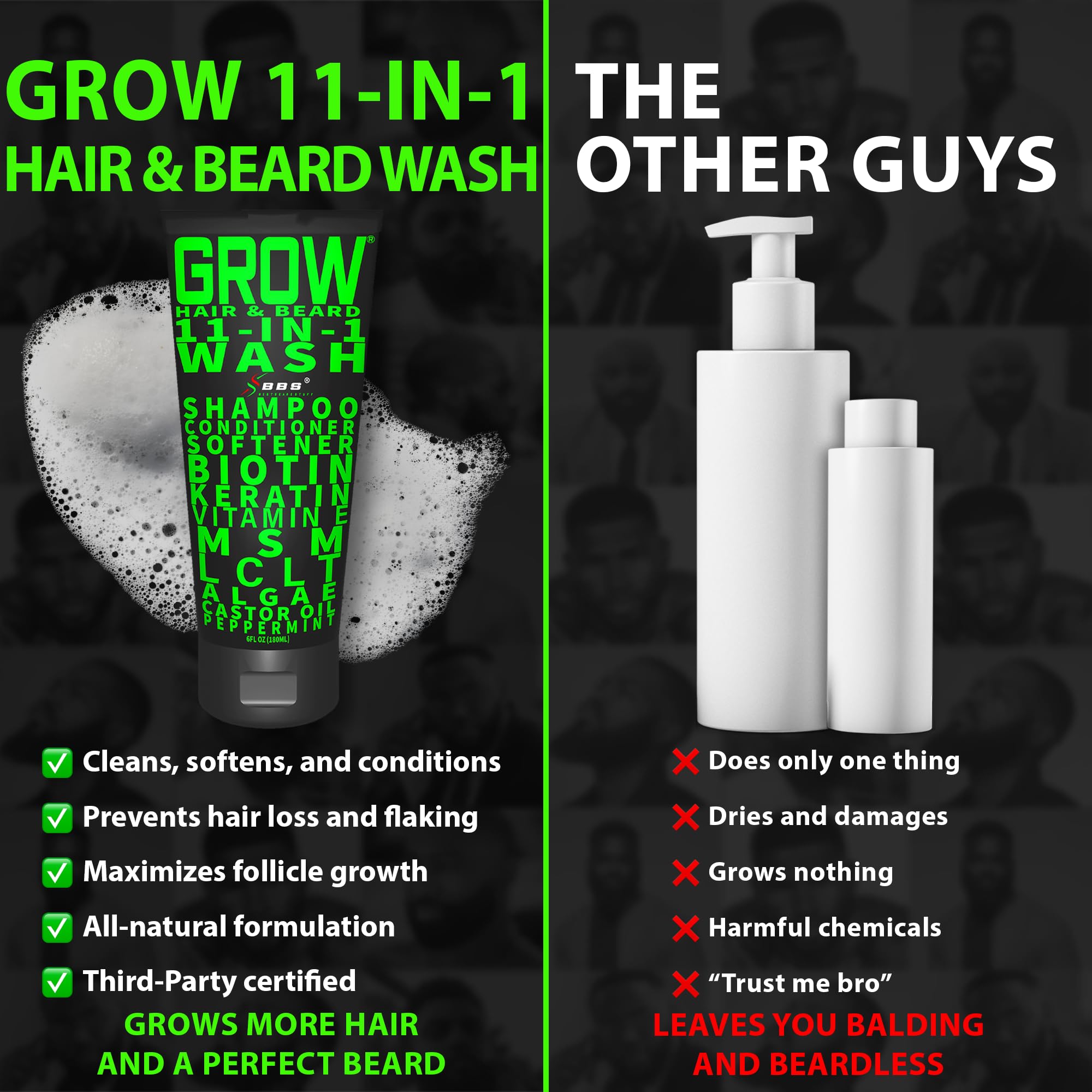 Beard Wash Shampoo & Conditioner 11-in-1 – GROW Hair & Beard Growth Wash with Biotin, Castor Oil, Peppermint & Keratin – Supports Thicker Hair & Beard Growth