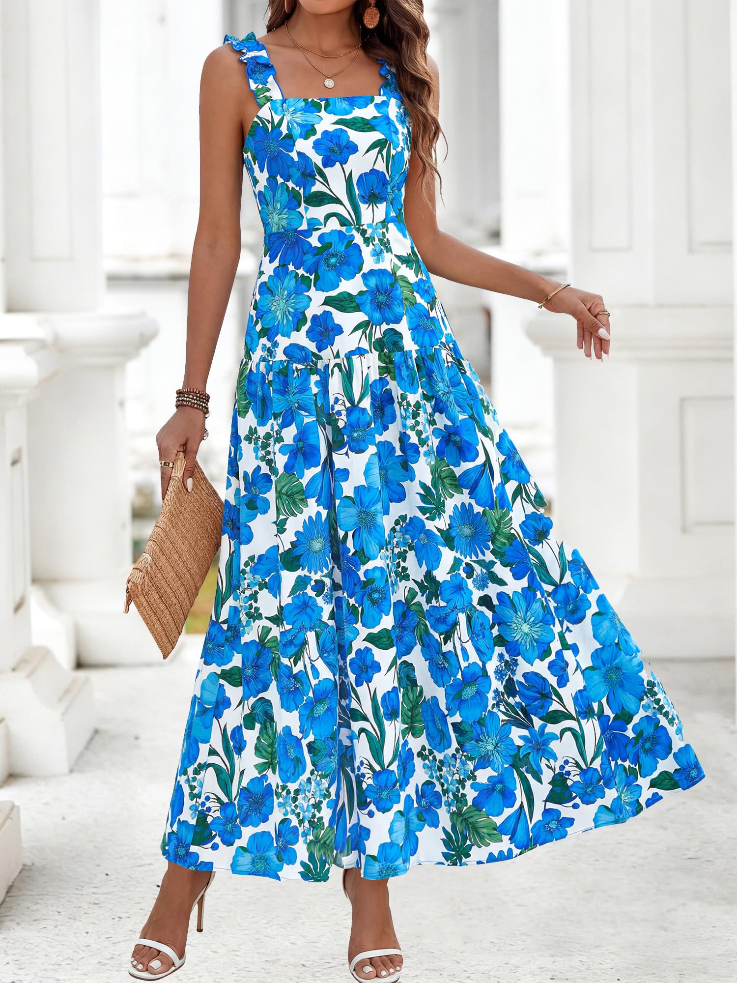 BTFBM Dresses for Women Summer 2026 Formal Sleeveless Smocked Floral Long Wedding Guest Dress Party Spring (Floral White Blue,Small)