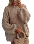 TIQOJE Women's Oversized Crewneck Fall Sweaters for Women 2024 Long Sleeve Fuzzy Knit Chunky Pullover Sweater(Khaki-S)