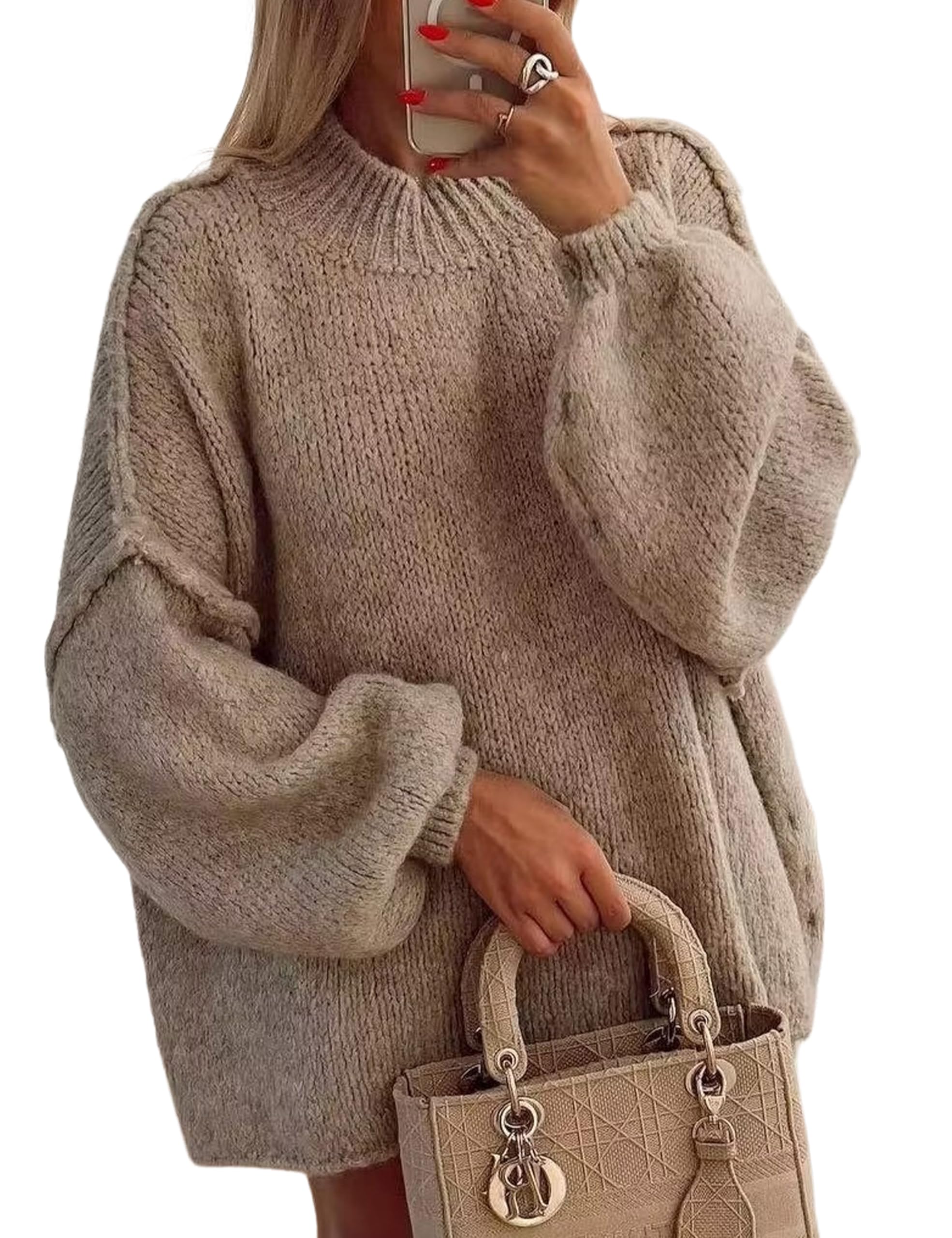 TIQOJE Women's Oversized Crewneck Fall Sweaters for Women 2024 Long Sleeve Fuzzy Knit Chunky Pullover Sweater(Khaki-S)