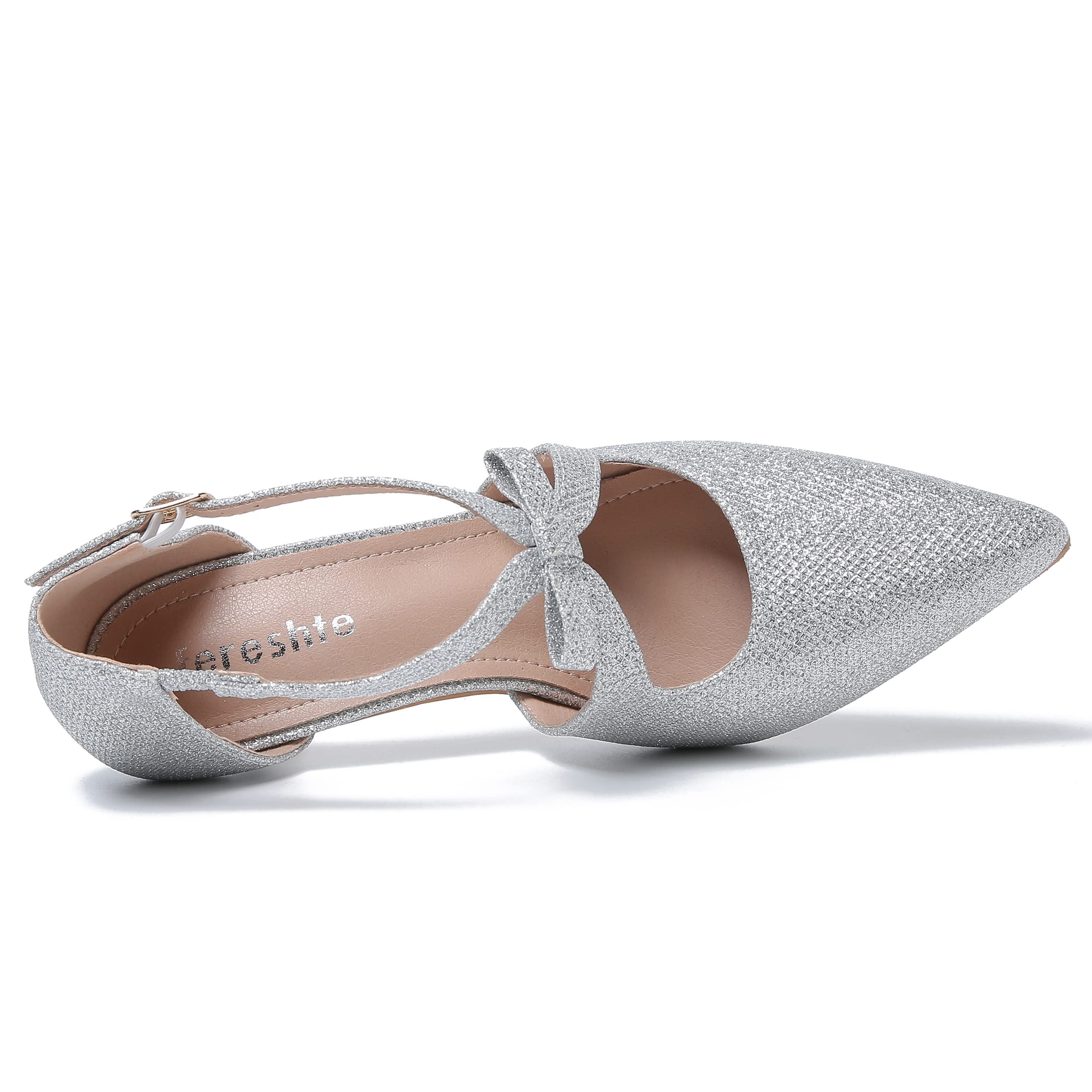 fereshte Women's Kitten Heels T Strap 2 Inch Low Heel Bow Pointed Toe D'Orsay Dressy Pumps Sparkly Silver 36 - US 5.5